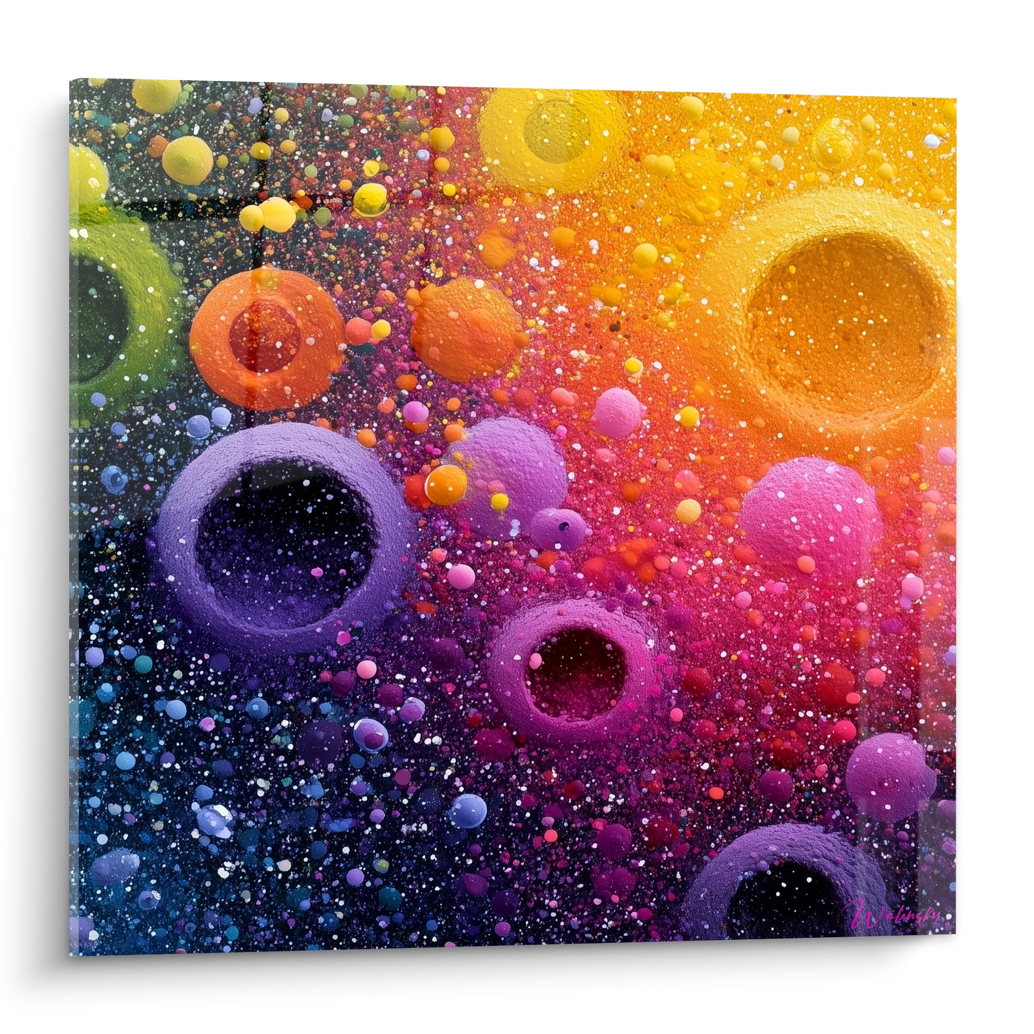 Sphères mauve et orangé aux cratères sombres, texture granuleuse sur toile Multicolore abstrait