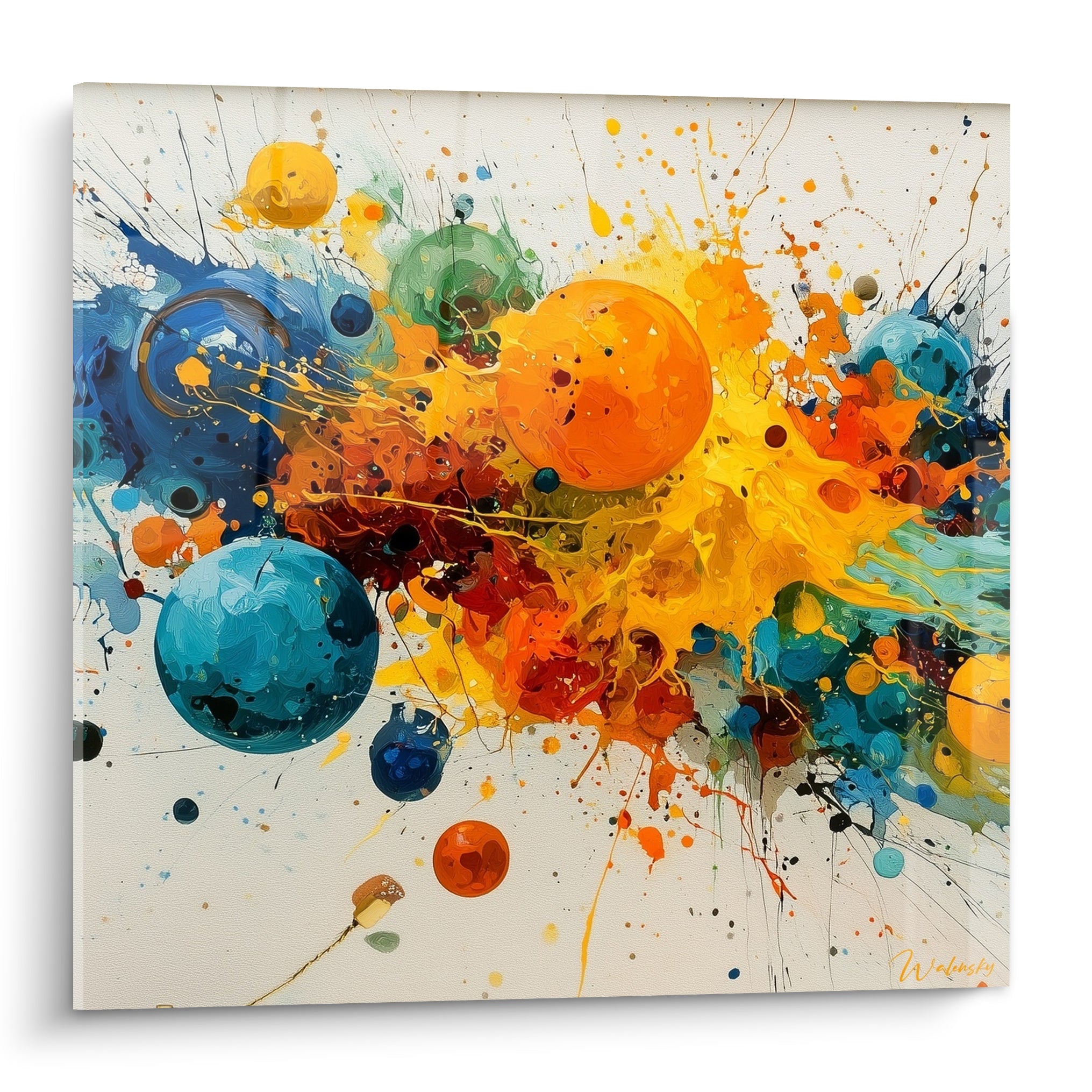 Sphères orange et bleu turquoise éclatées sur fond clair, tableau multicolore abstrait éclaboussé