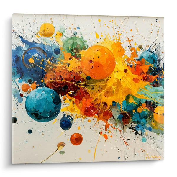 Tableau Sphères orange et bleu sur fond blanc - Éclaboussures noires filantes - Edition Multicolore abstrait
