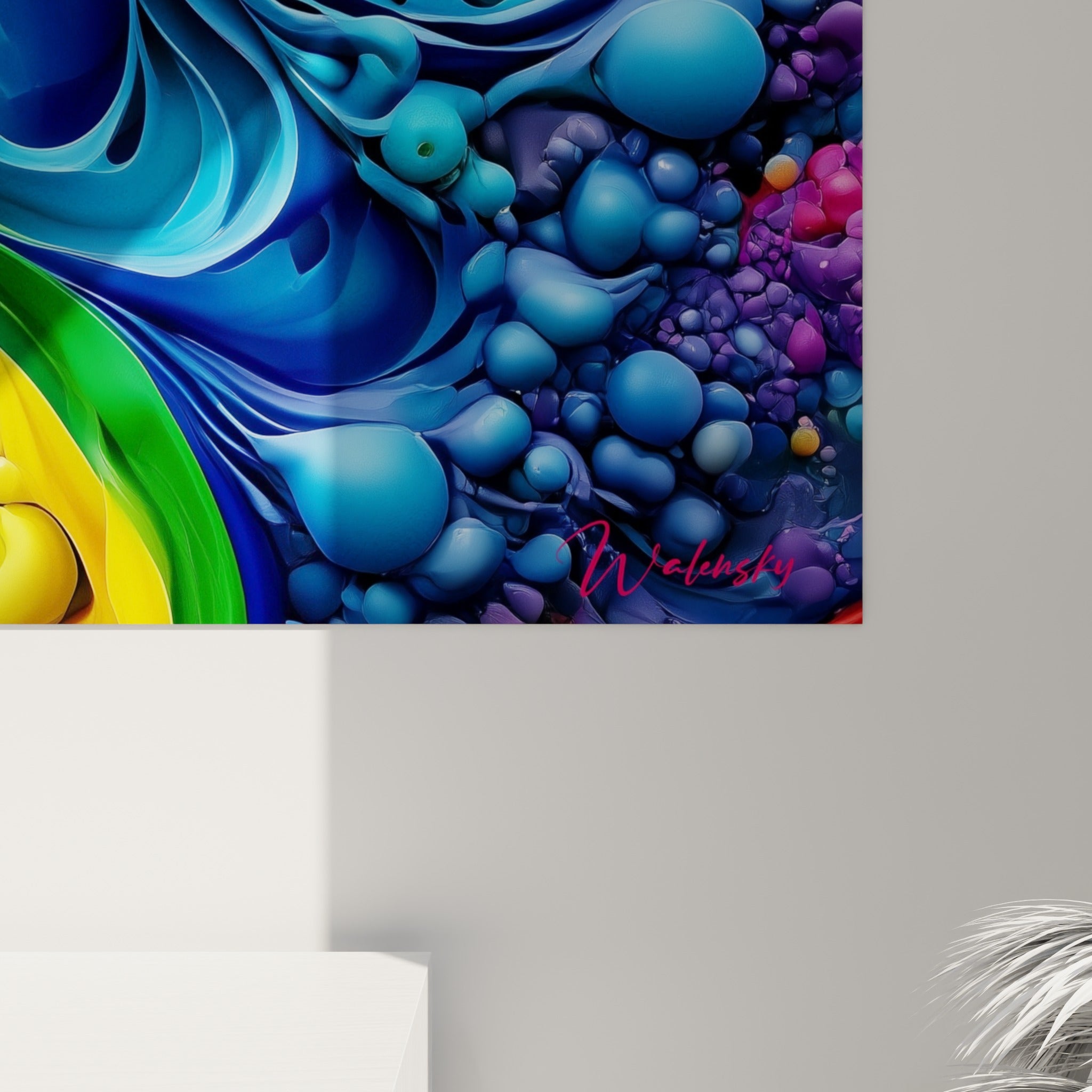 Sphères en relief bleu marine et rose fuchsia visibles de près, matière brillante du tableau Multicolore abstrait