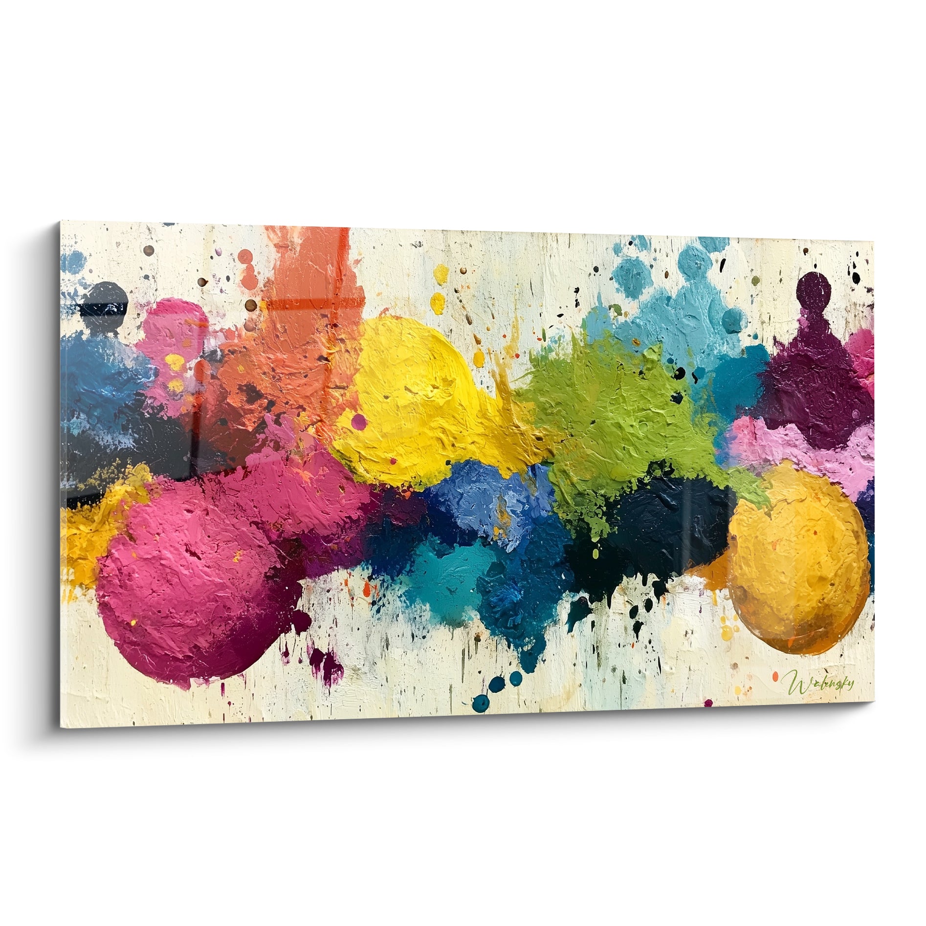 Sphères de peinture rose fuchsia et jaune moutarde sur fond ivoire craquelé texturé