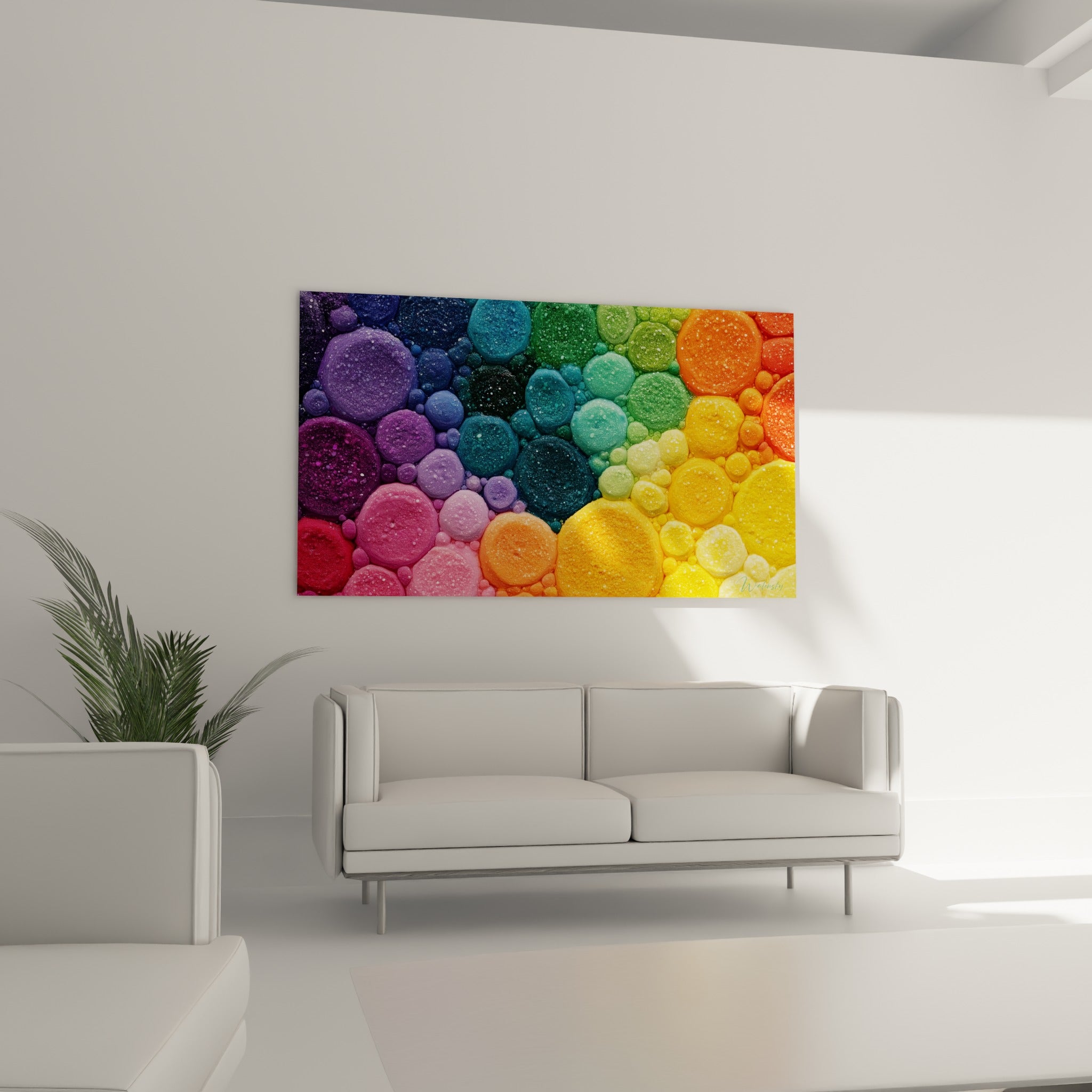 Sphères pigmentées roses et vertes accrochées au-dessus d'un canapé dans un salon lumineux