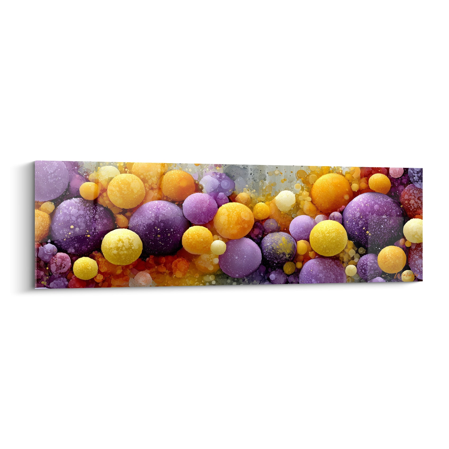 Sphères violettes et dorées granuleuses en grappe sur fond gris moucheté, tableau Multicolore abstrait panoramique