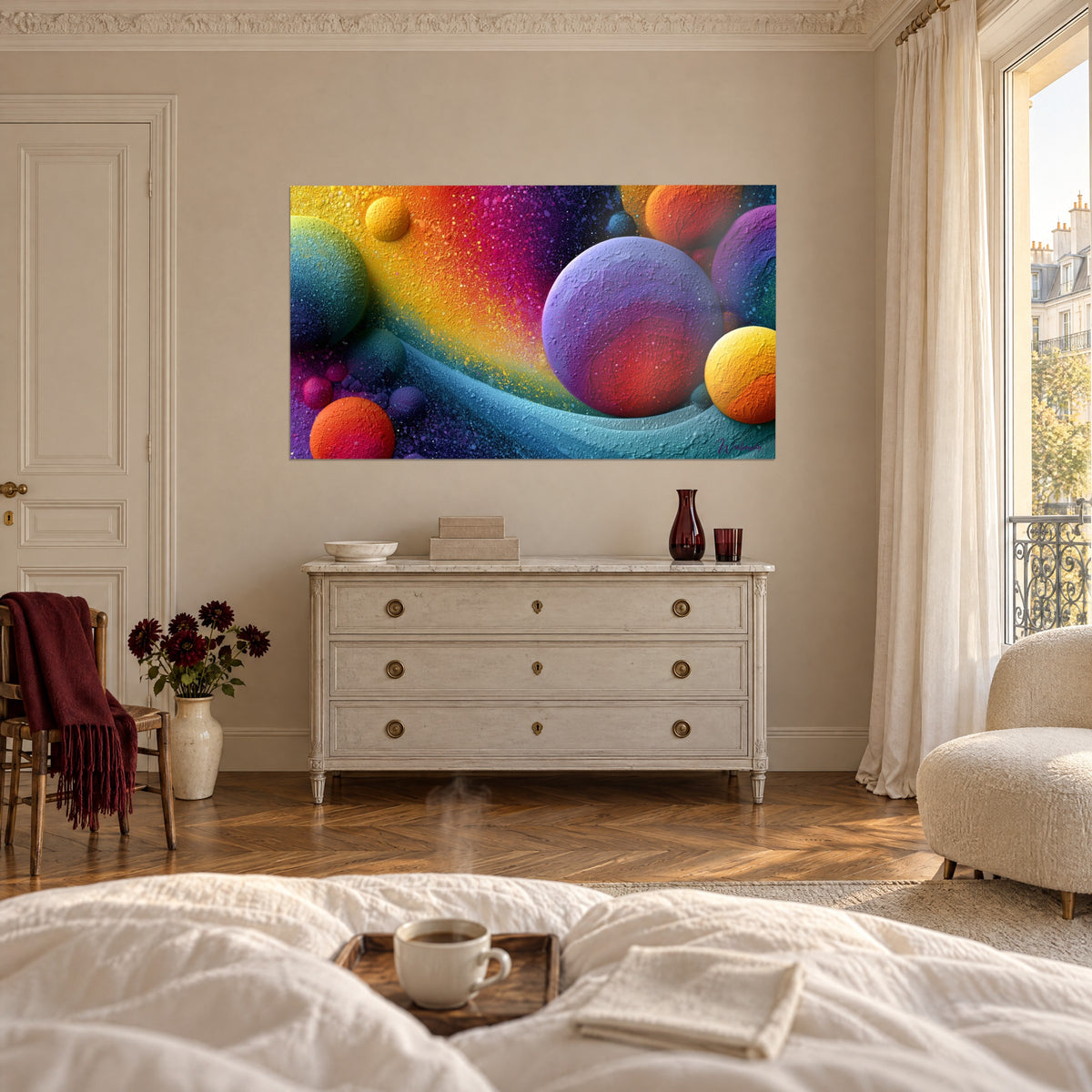 Tableau boules de matière violette et rouge sur ciel arc-en-ciel grainé, au-dessus d'un lit dans une chambre claire