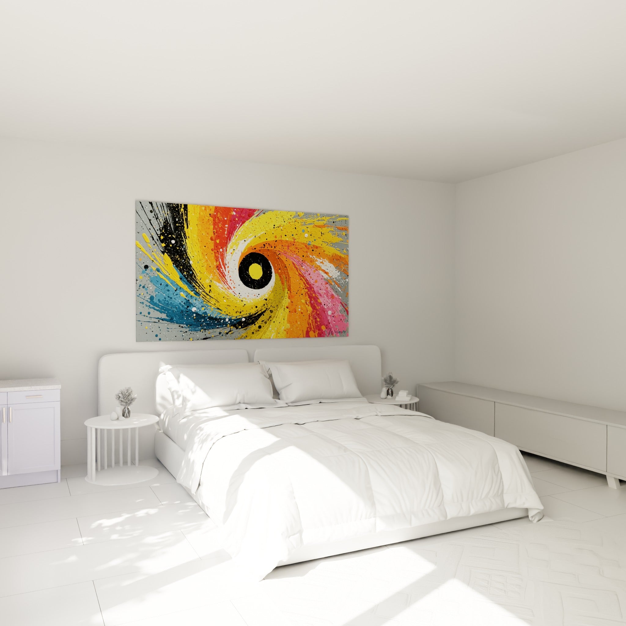 Vortex jaune et bleu aux touches roses accroché au-dessus d'un lit dans une chambre claire