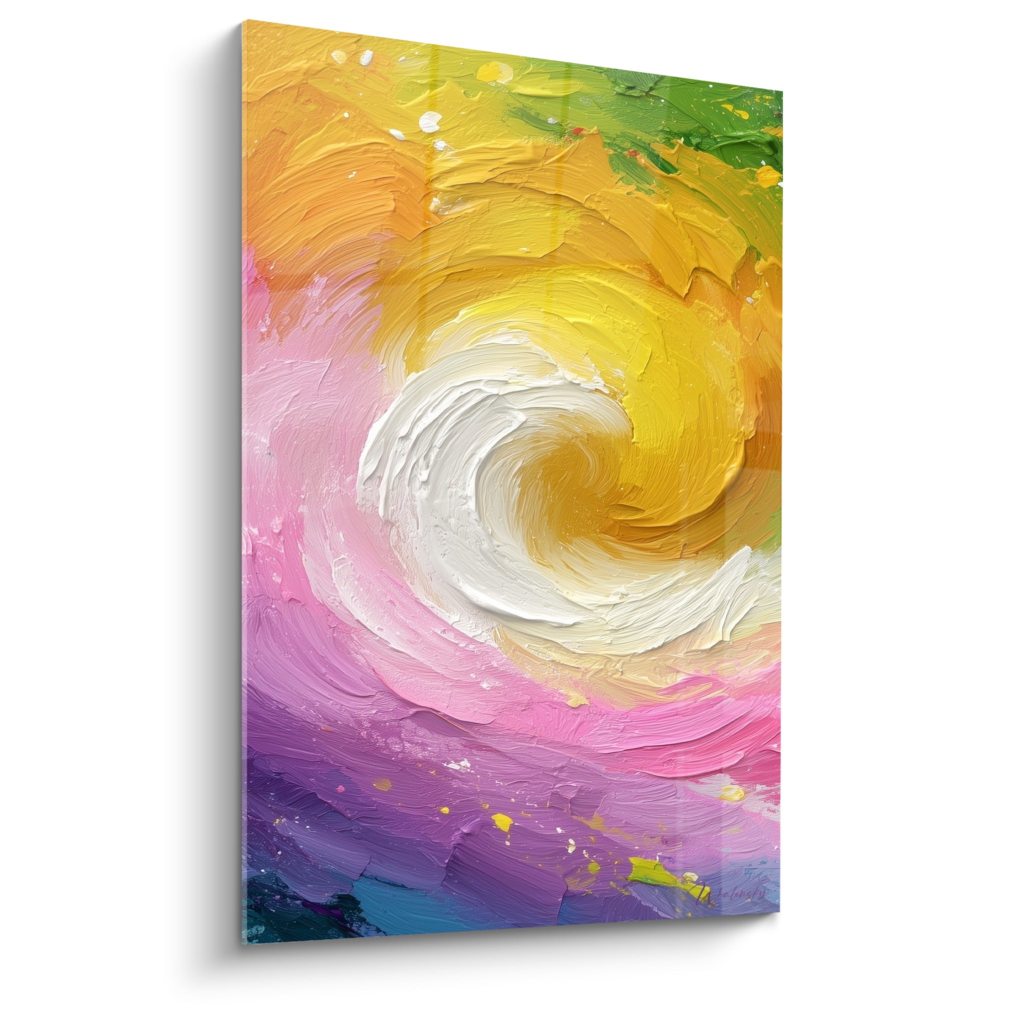 Spirale blanche sur fond jaune doré et rose violacé, empâtements épais et mouvement circulaire intense