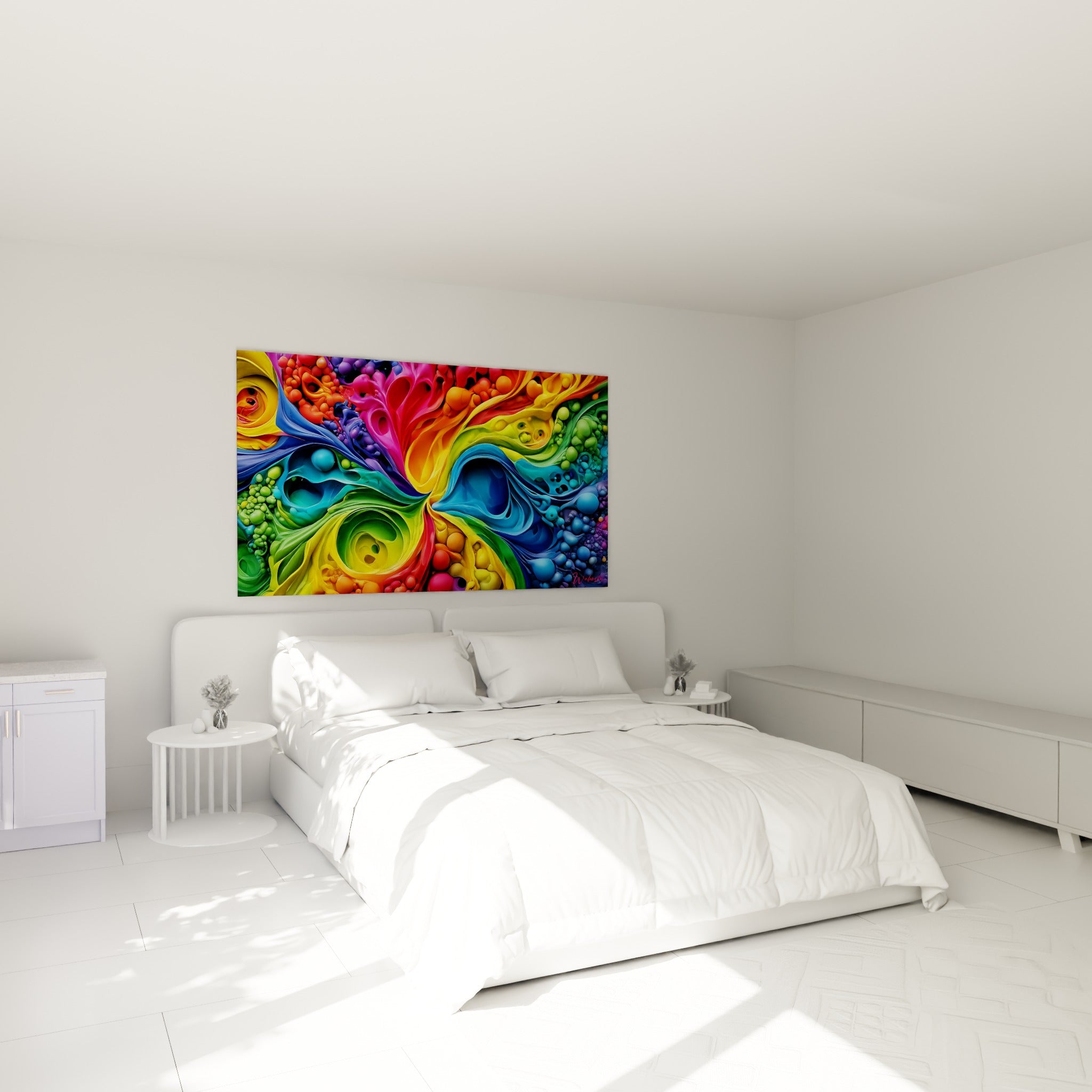 Spirale colorée bleu marine et jaune du tableau Multicolore abstrait au-dessus d'un lit dans une chambre claire