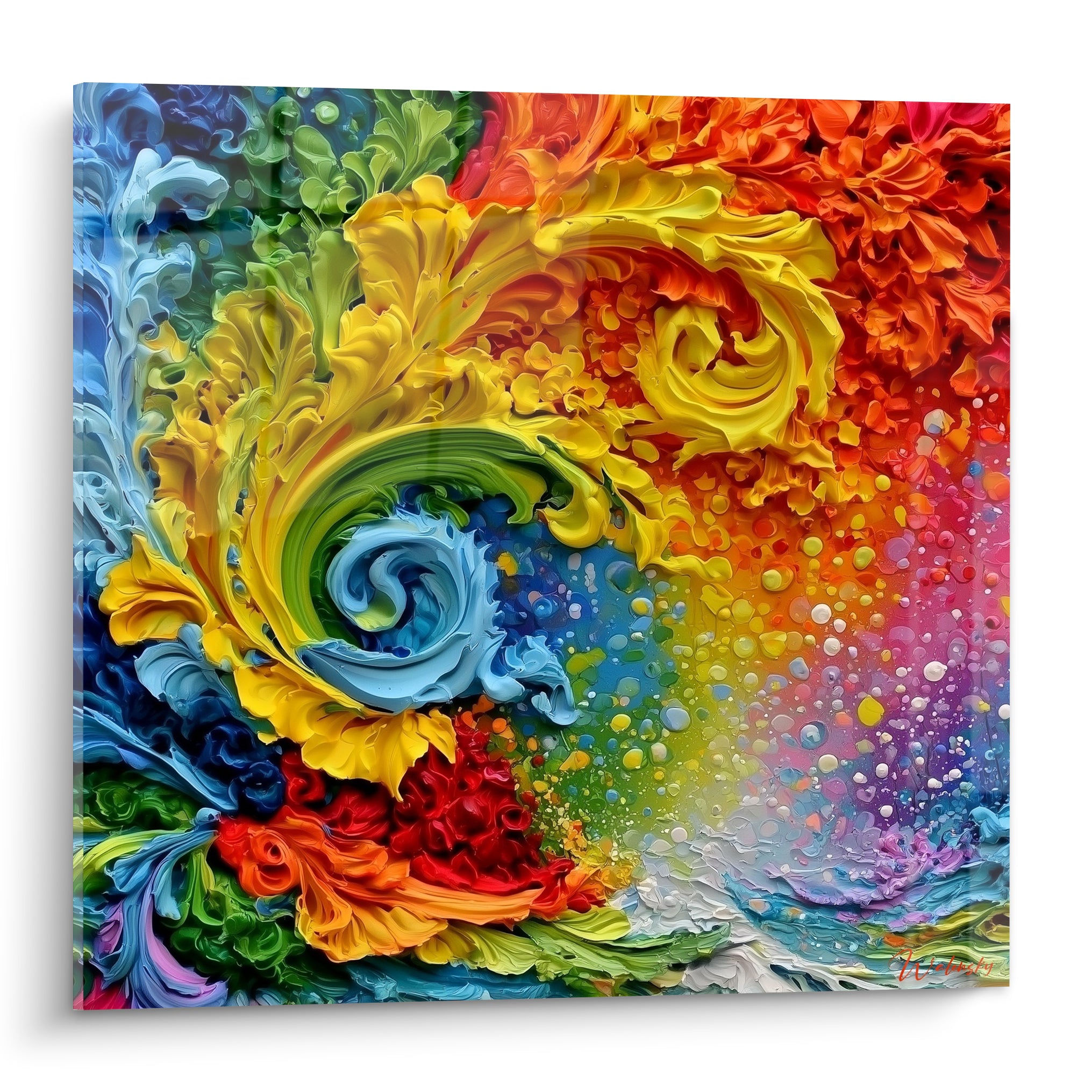 Volutes jaunes et bleu ciel en spirale florale, tableau multicolore abstrait aux reliefs épais