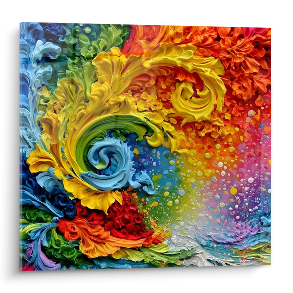 Tableau Spirale florale jaune et bleu ciel - Éclosion en mouvement - Edition Multicolore abstrait