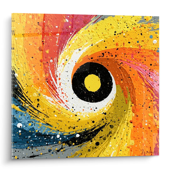 Spirale abstraite jaune et bleu marine avec centre noir texturé sur fond orange corail