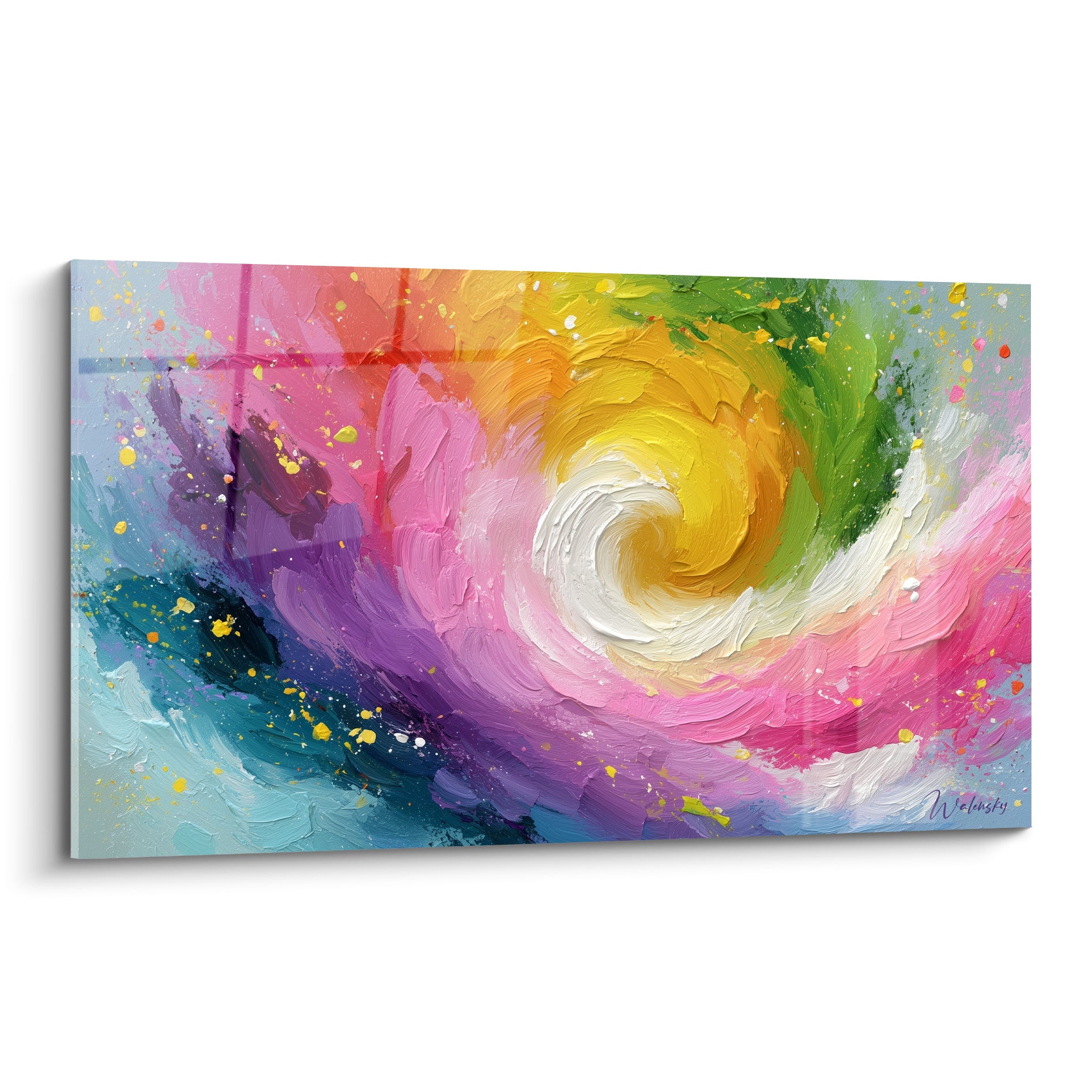Spirale multicolore abstraite en tourbillon rose, jaune doré et turquoise sur toile texturée