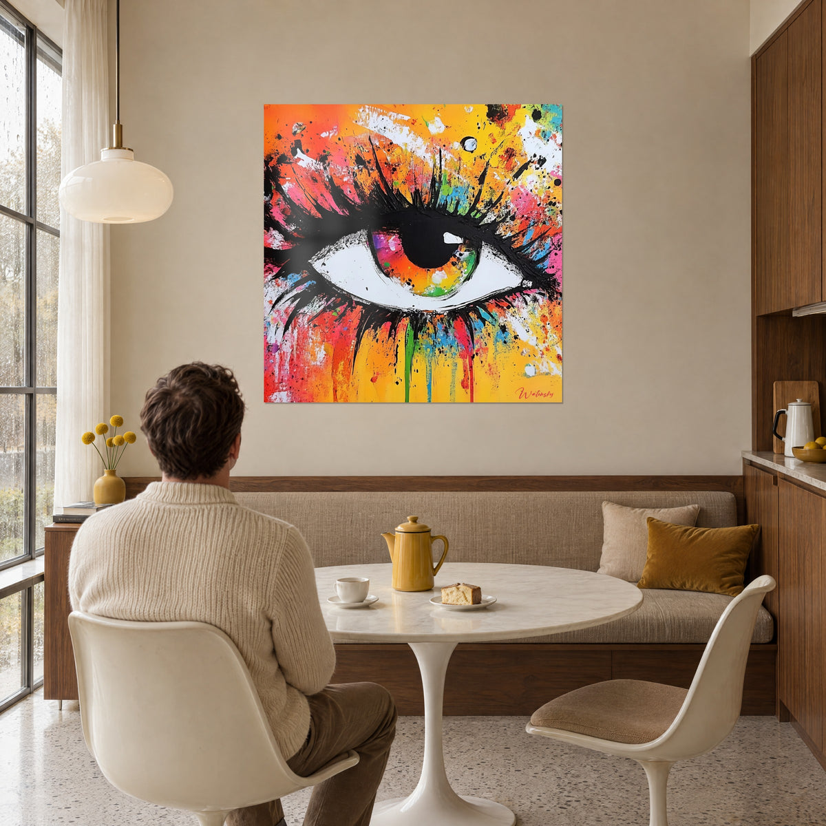 Cuadro iris multicolor con regueros verdes y rojos, fondo amarillo solar, frente a una mesa redonda blanca y un sillón
