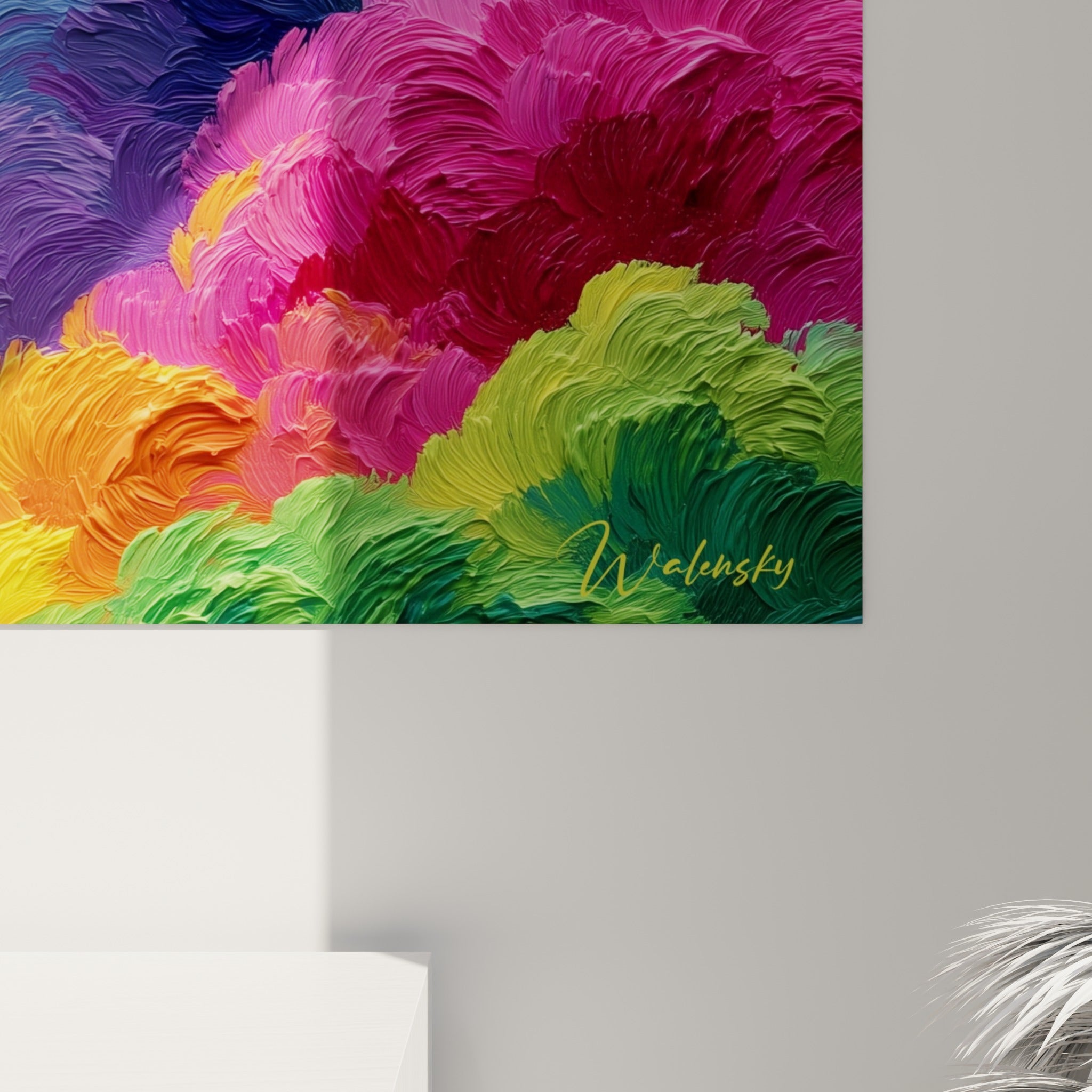 Empâtements épais et coulures dorées du tableau Multicolore abstrait révélant le grain de la peinture