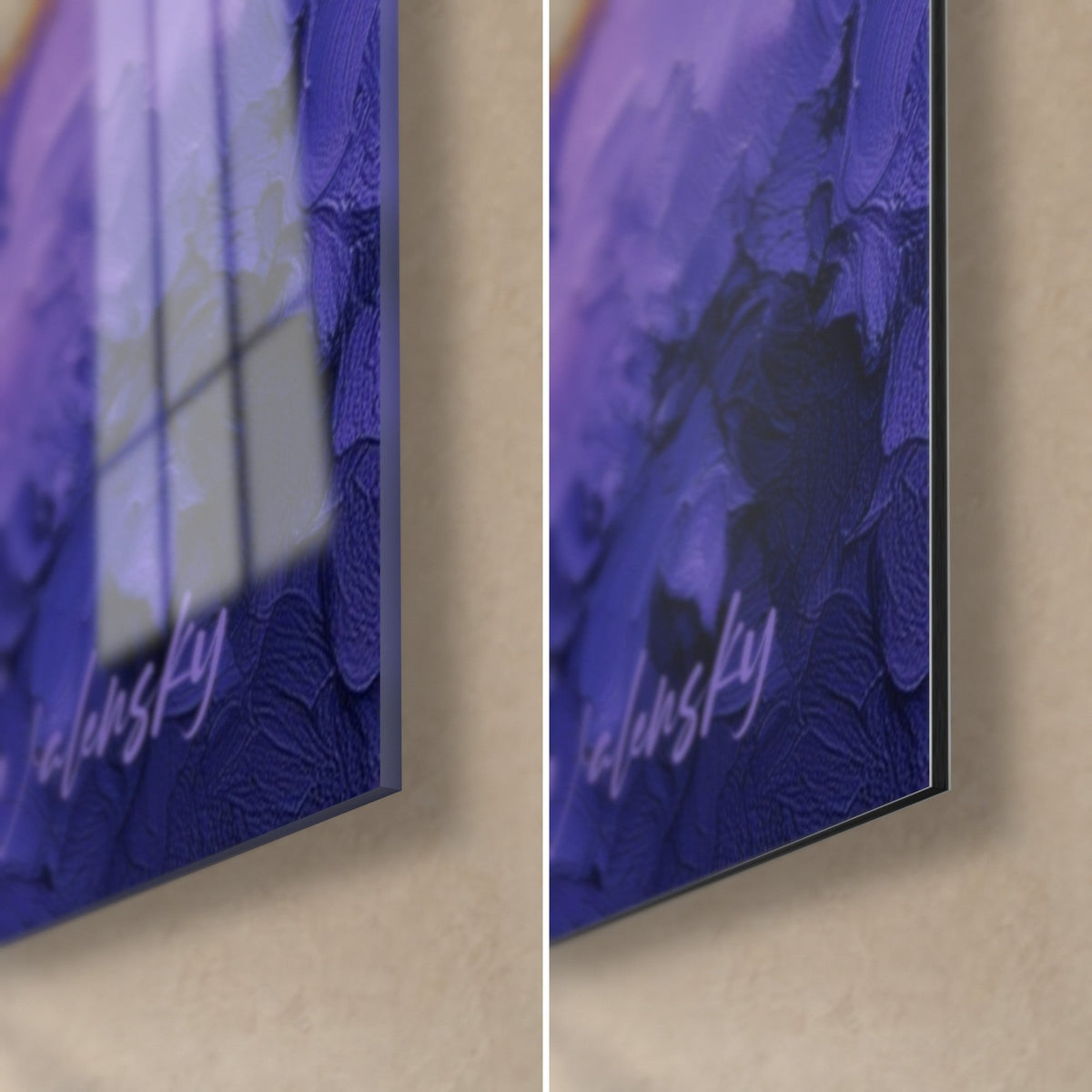 Schilderij paarse wolken in reliëf, hoek rechtsonder naar links op glanzend acrylglas, rechts mat Dibond, 3 mm rand zichtbaar