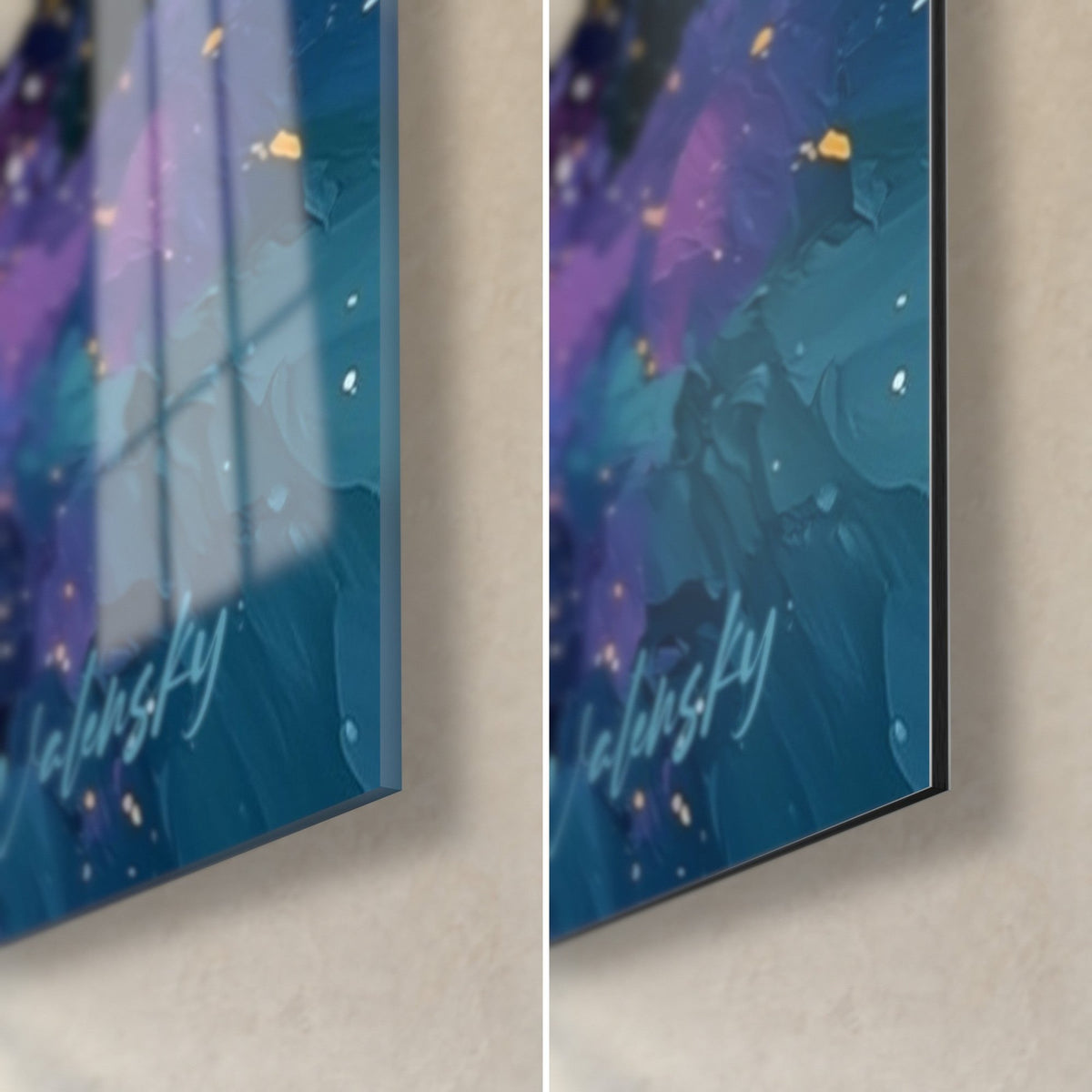 Wall art gold shards on a midnight blue background, bottom right corner: glossy glass on the left, matte Dibond on the right, 3 mm edge