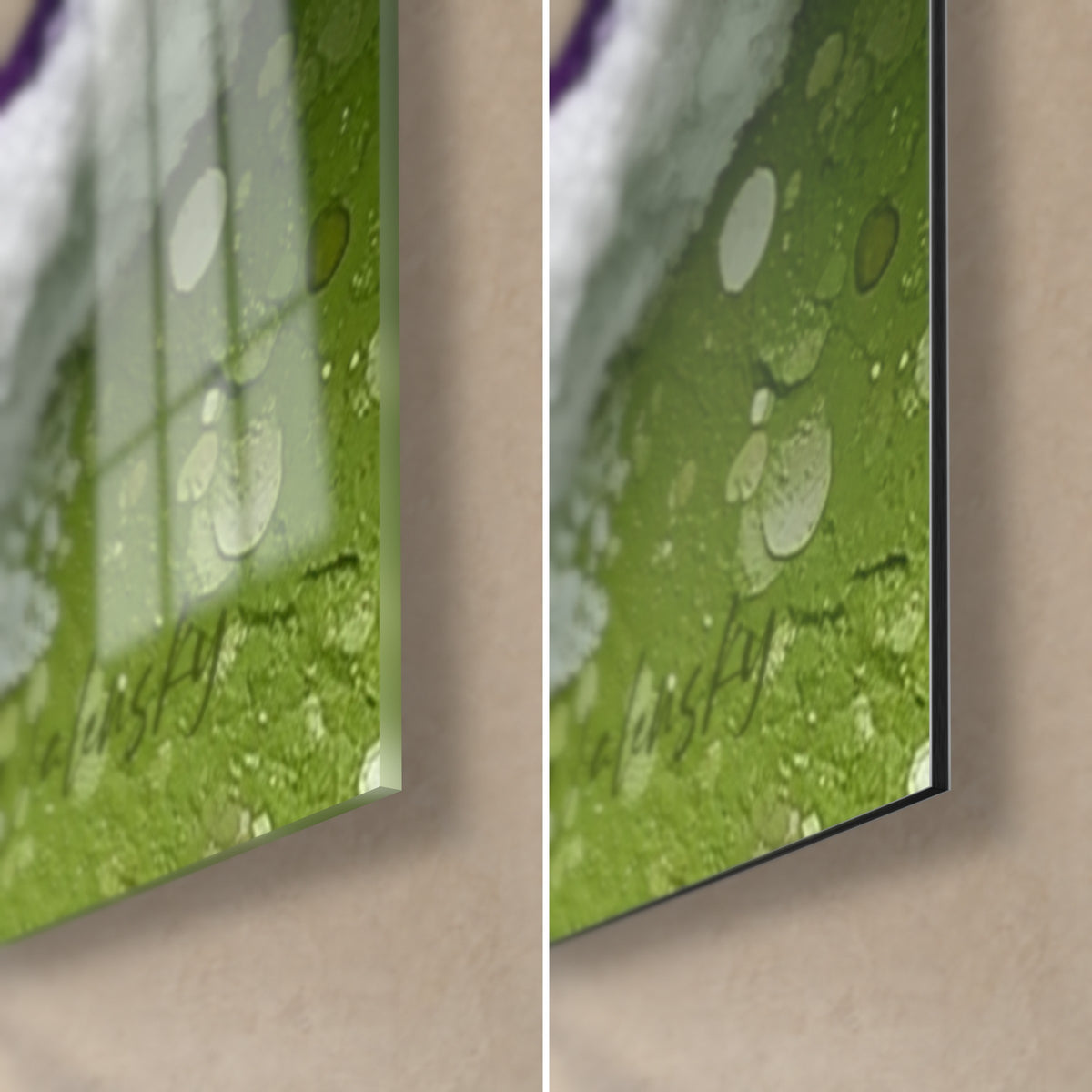 Quadro con impasti color caramella, angolo in basso a destra: vetro acrilico lucido a sinistra, Dibond verde opaco a destra, colature e bordo da 3 mm