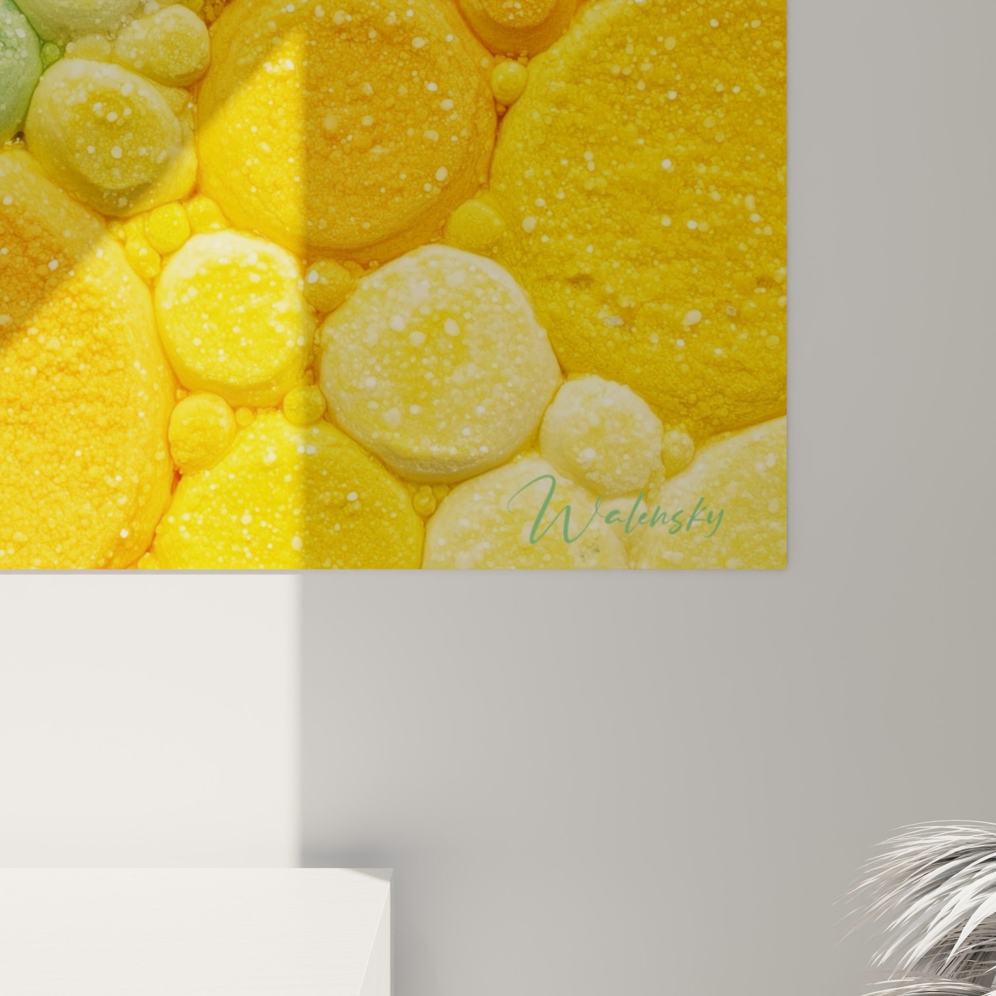 Grain pigmenté visible sur bulles orange et turquoise, texture granuleuse en gros plan sur toile