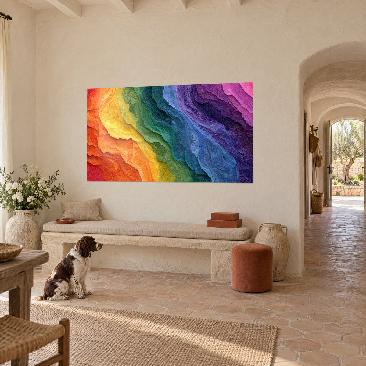 Schilderij met regenboogdeeglagen in rood, groen en paars, zittende spaniël ervoor, aan de muur van een Provençaals landhuis