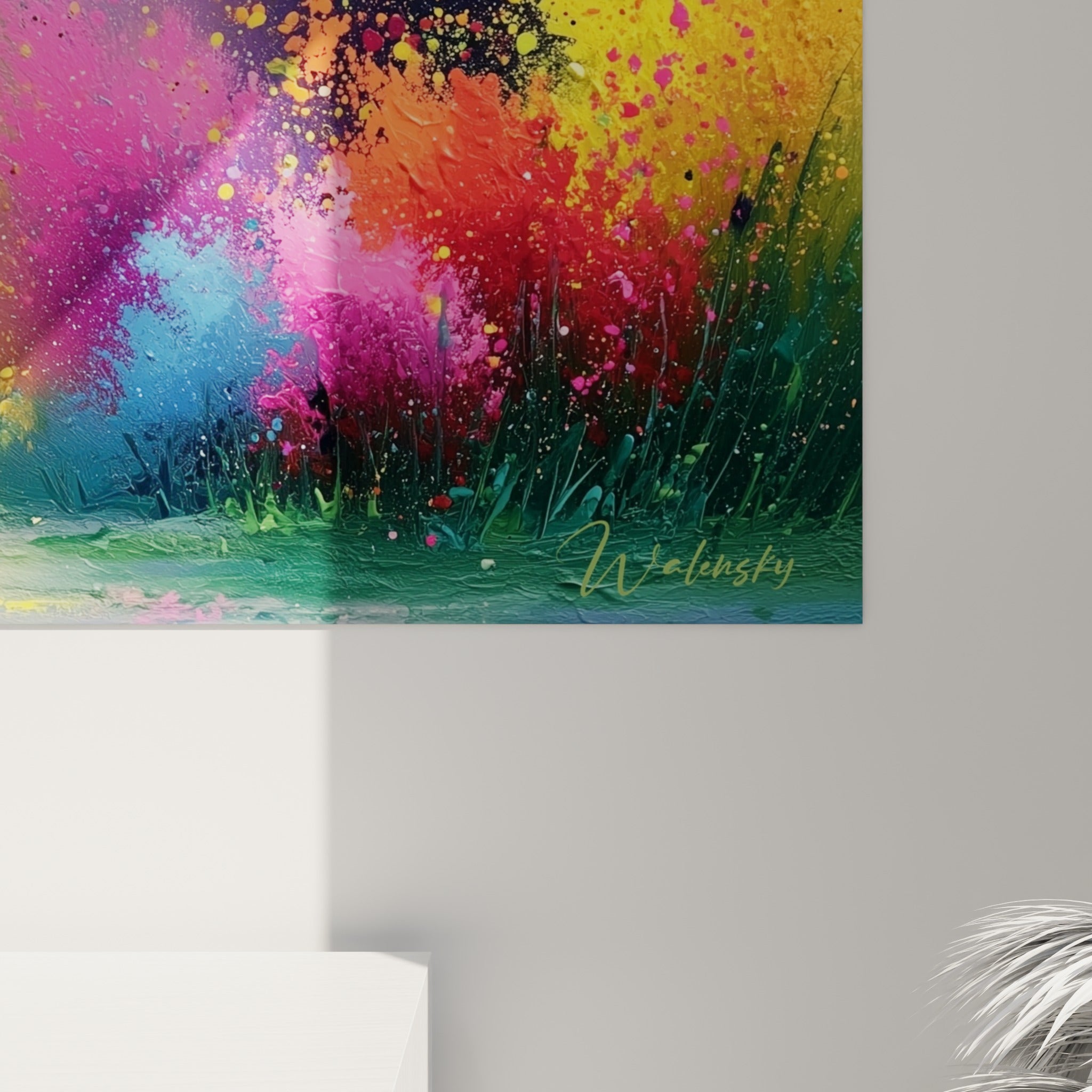 Détail des empâtements jaune, rose et vert sur la texture picturale de cette œuvre abstraite