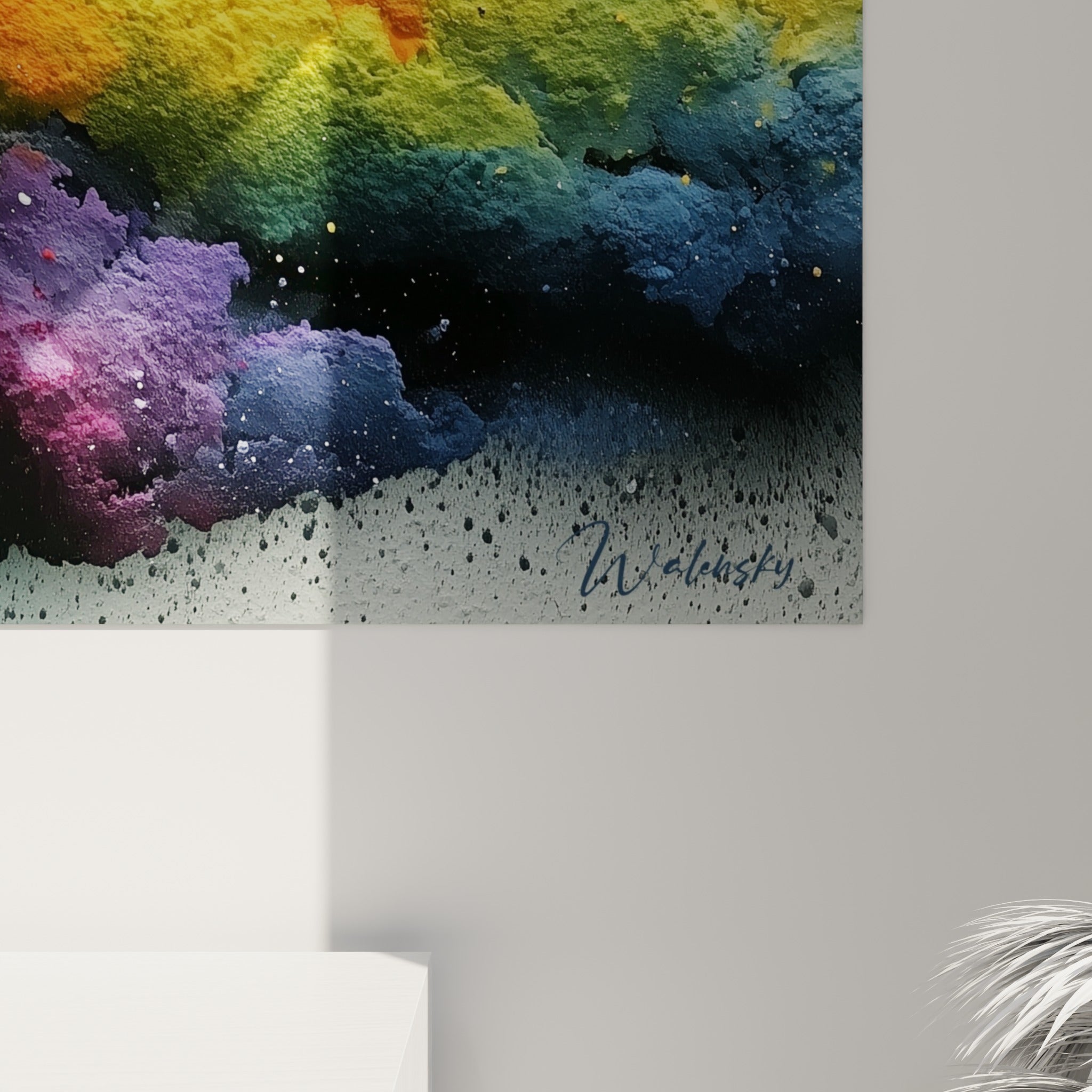 Grain épais de pigments rose fuchsia et vert émeraude, matière relief du tableau multicolore abstrait accroché