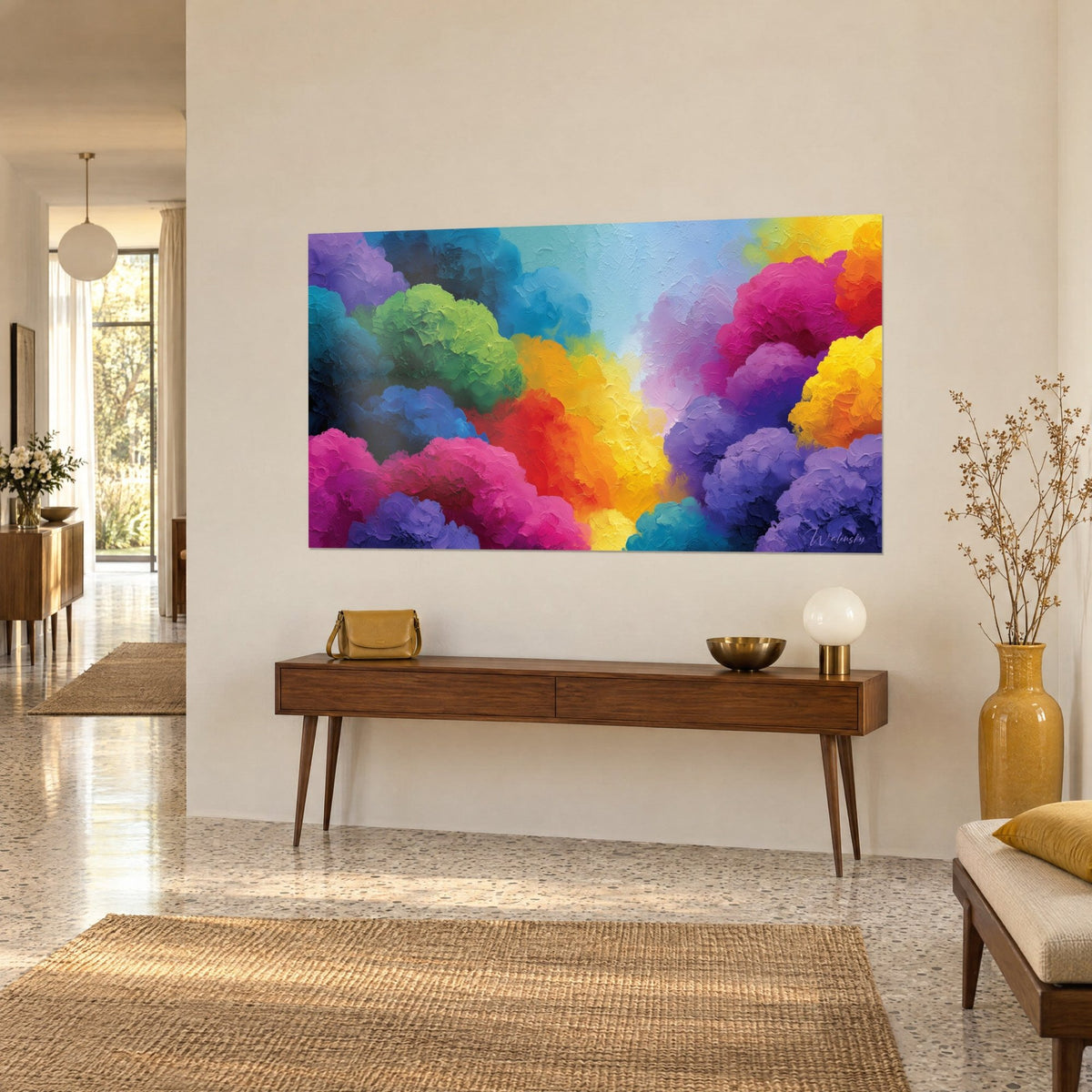 Schilderij abstracte bloei met dikke verfstreken in oranje, violet en turquoise blauw, op een houten console in de hal