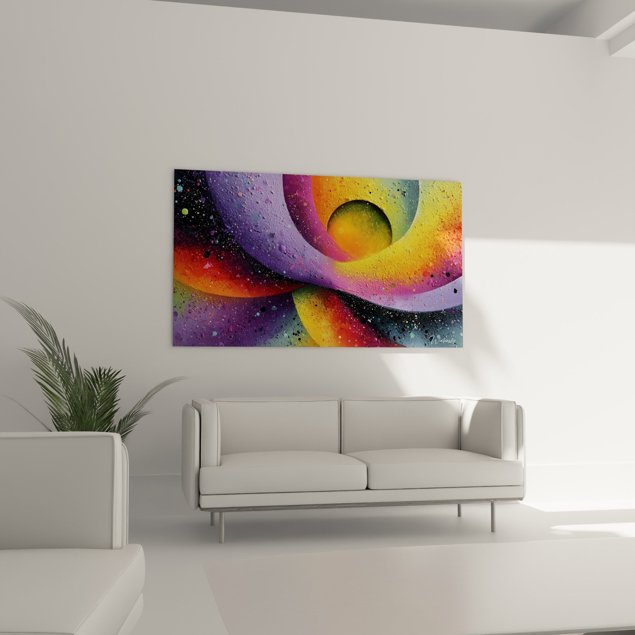 Éclipse cosmique orangée du tableau Multicolore abstrait, au-dessus d'un canapé dans un salon lumineux