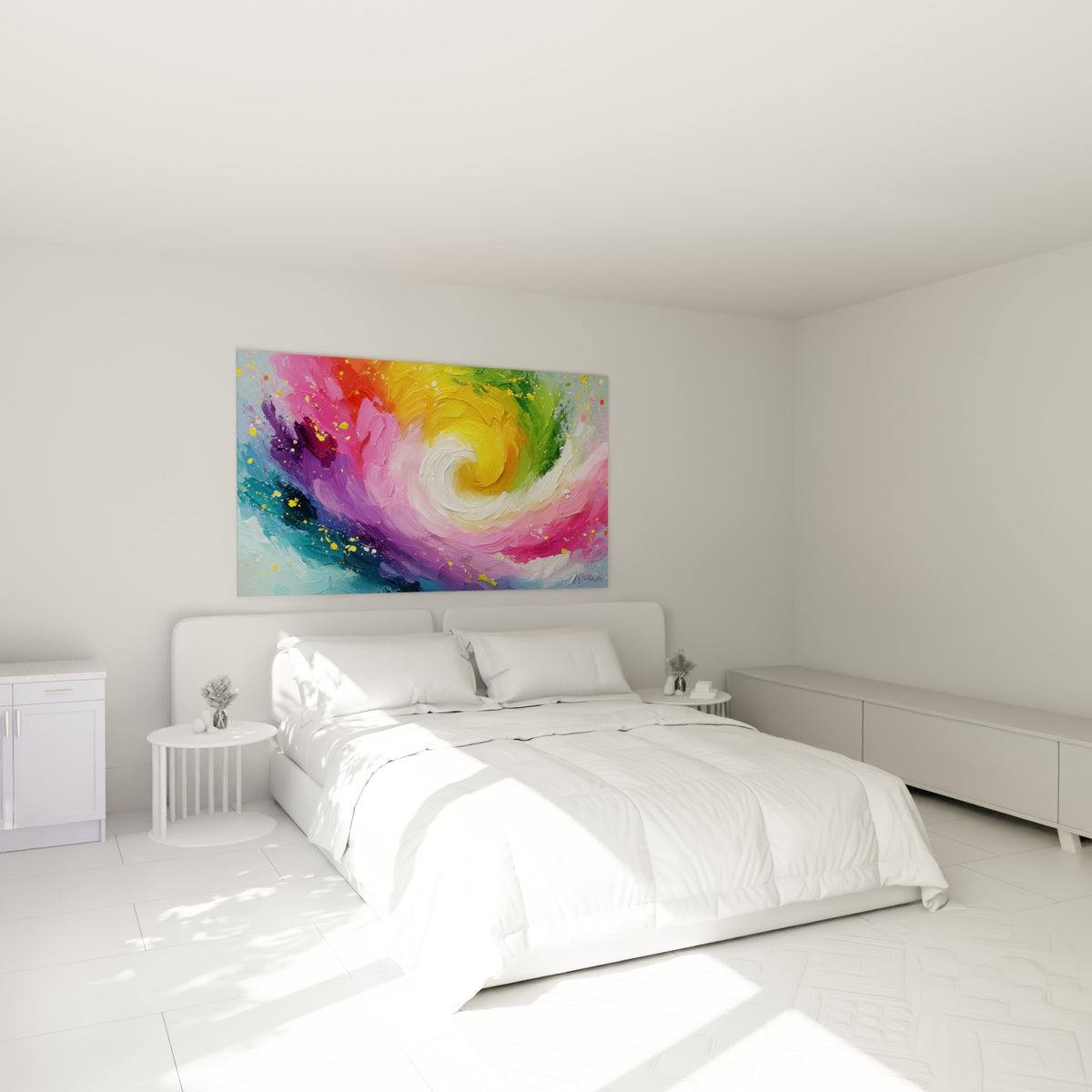 Tourbillon rose et jaune doré de cette œuvre multicolore abstraite au-dessus d'un lit dans une chambre claire