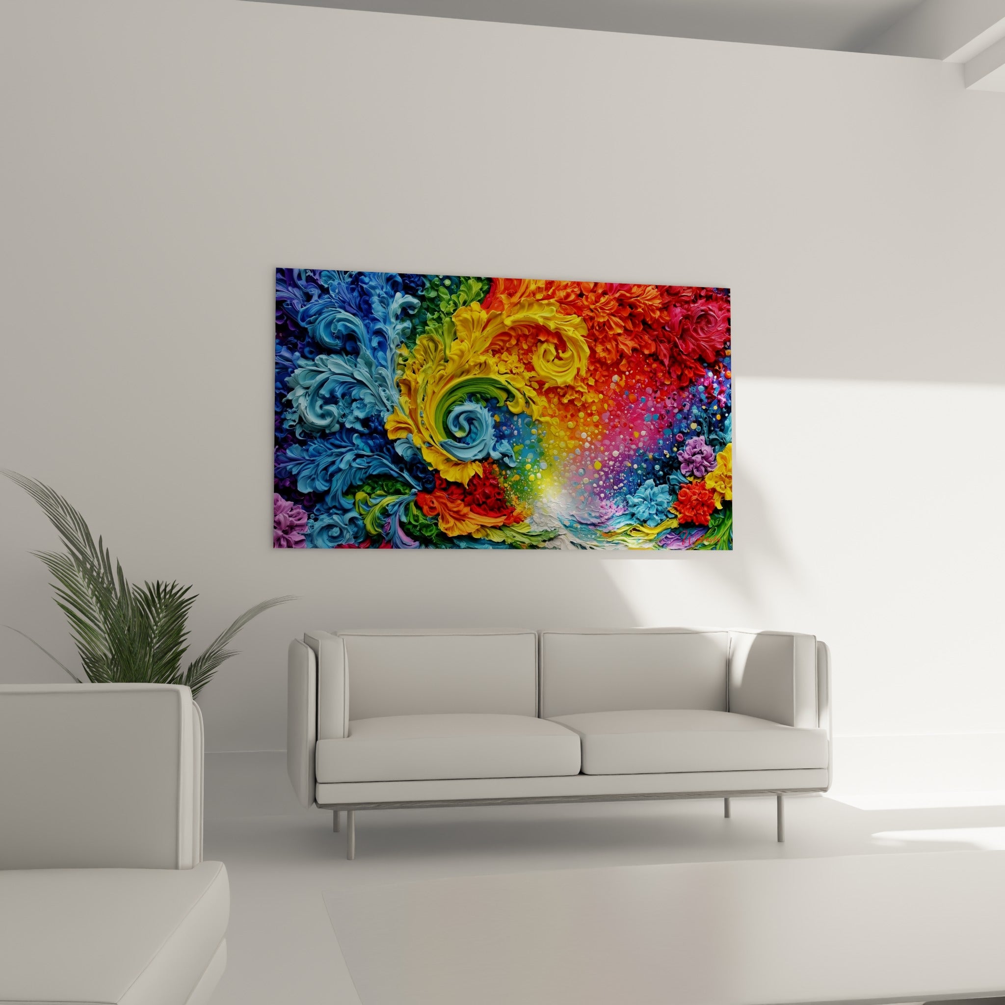 Tourbillons jaune safran et violet lavande, tableau multicolore abstrait au-dessus d'un canapé dans un salon lumineux