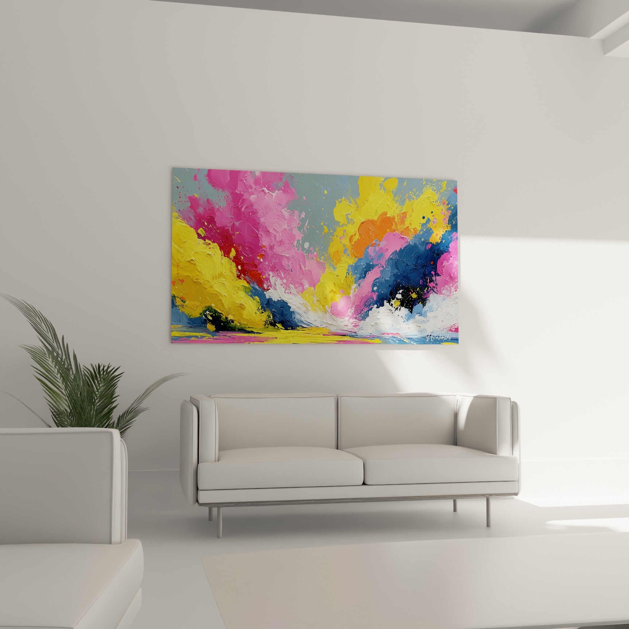Tourbillon de couleurs jaune et rose, tableau multicolore abstrait au-dessus d'un canapé dans un salon lumineux