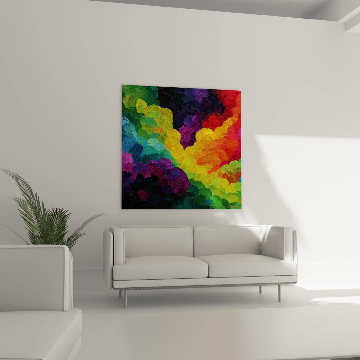 Tourbillon de couleurs violettes et turquoise à la spatule, au-dessus d'un canapé dans un salon lumineux