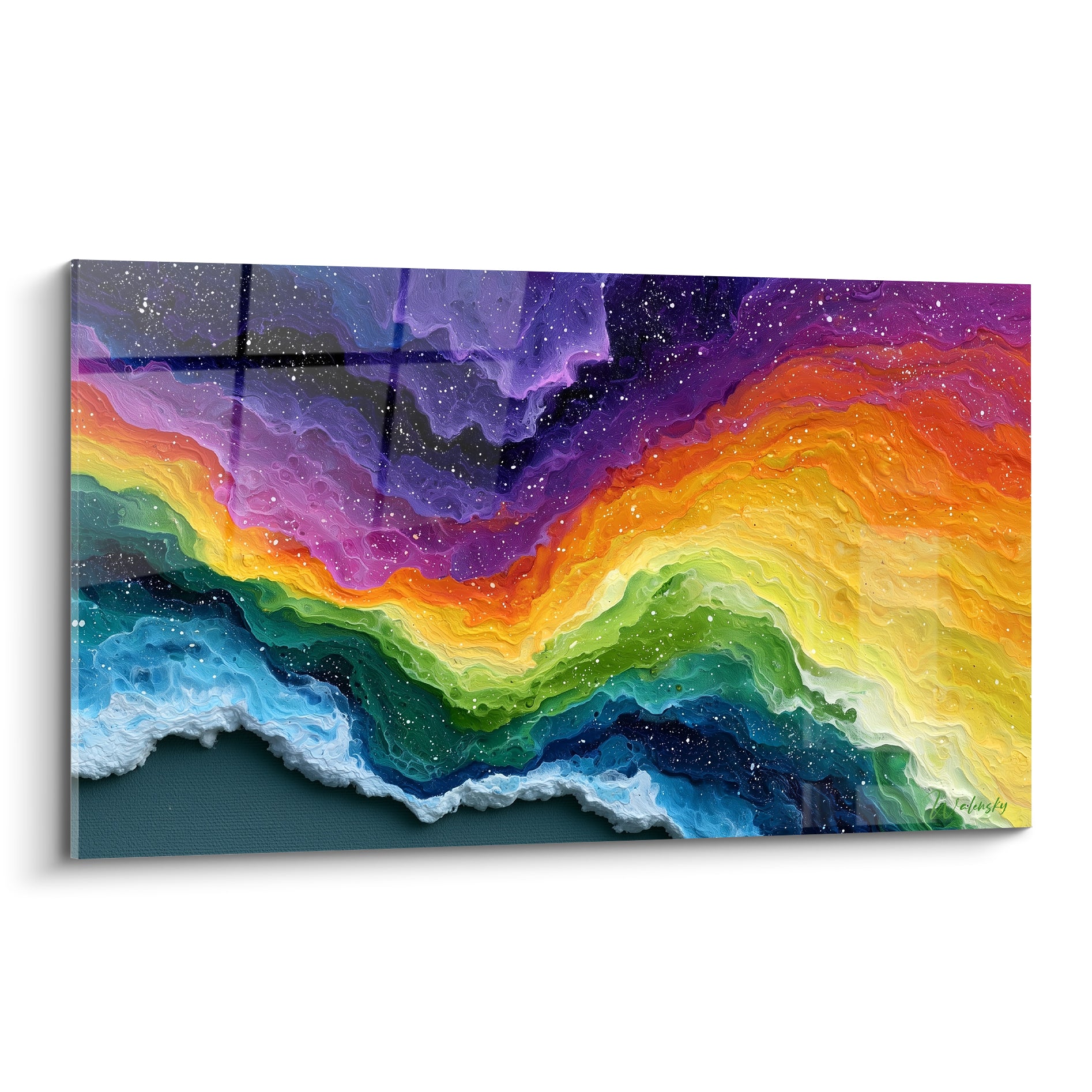 Vague chromatique orange, violette et turquoise étoilée en plein cadre sur toile lumineuse