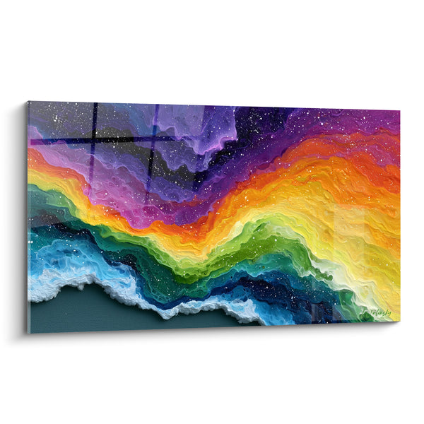 Tableau Vague chromatique orange et violette étoilée - Marée cosmique - Edition Multicolore abstrait