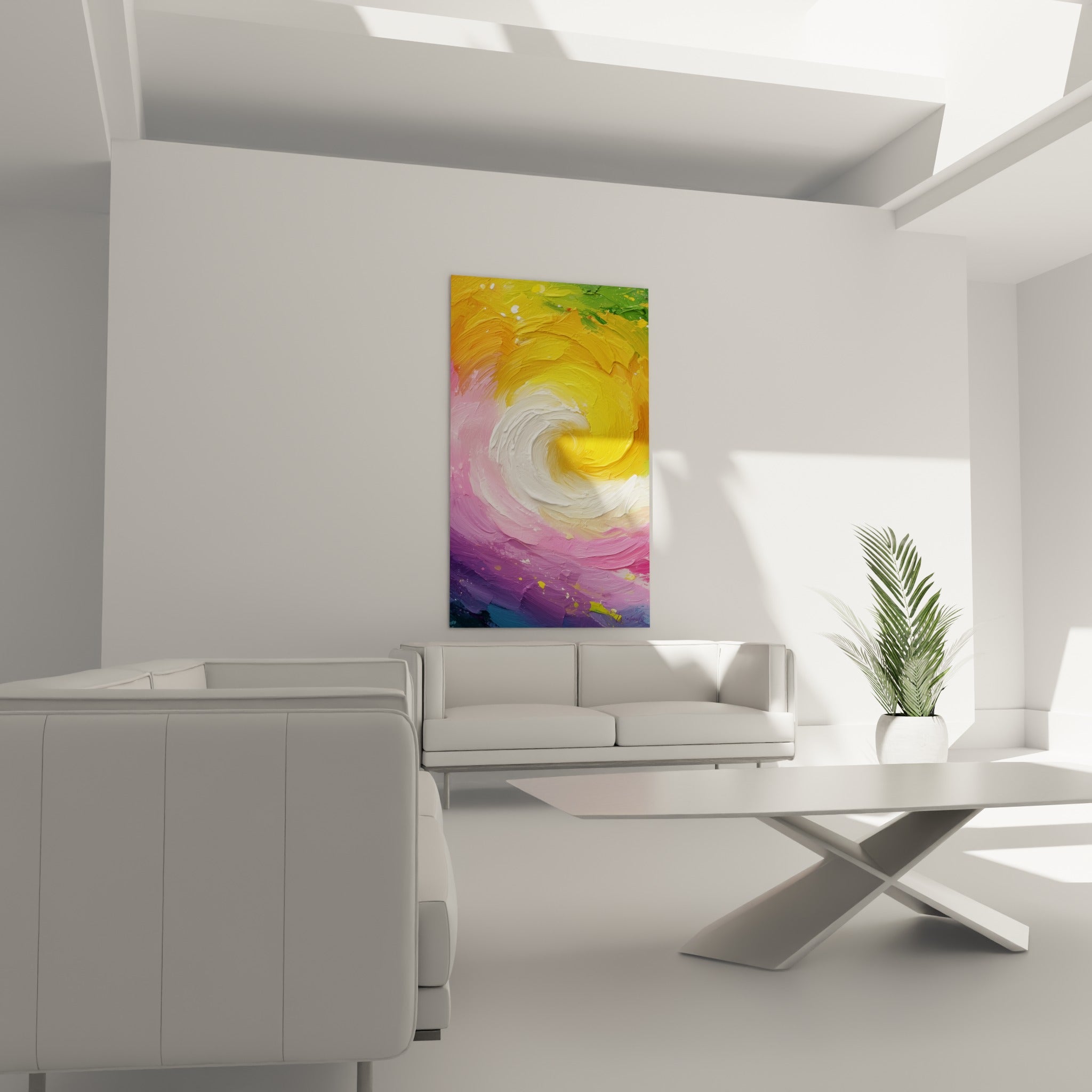 Vague picturale jaune, blanche et violette au mouvement circulaire, placée au-dessus d'un canapé dans un salon lumineux