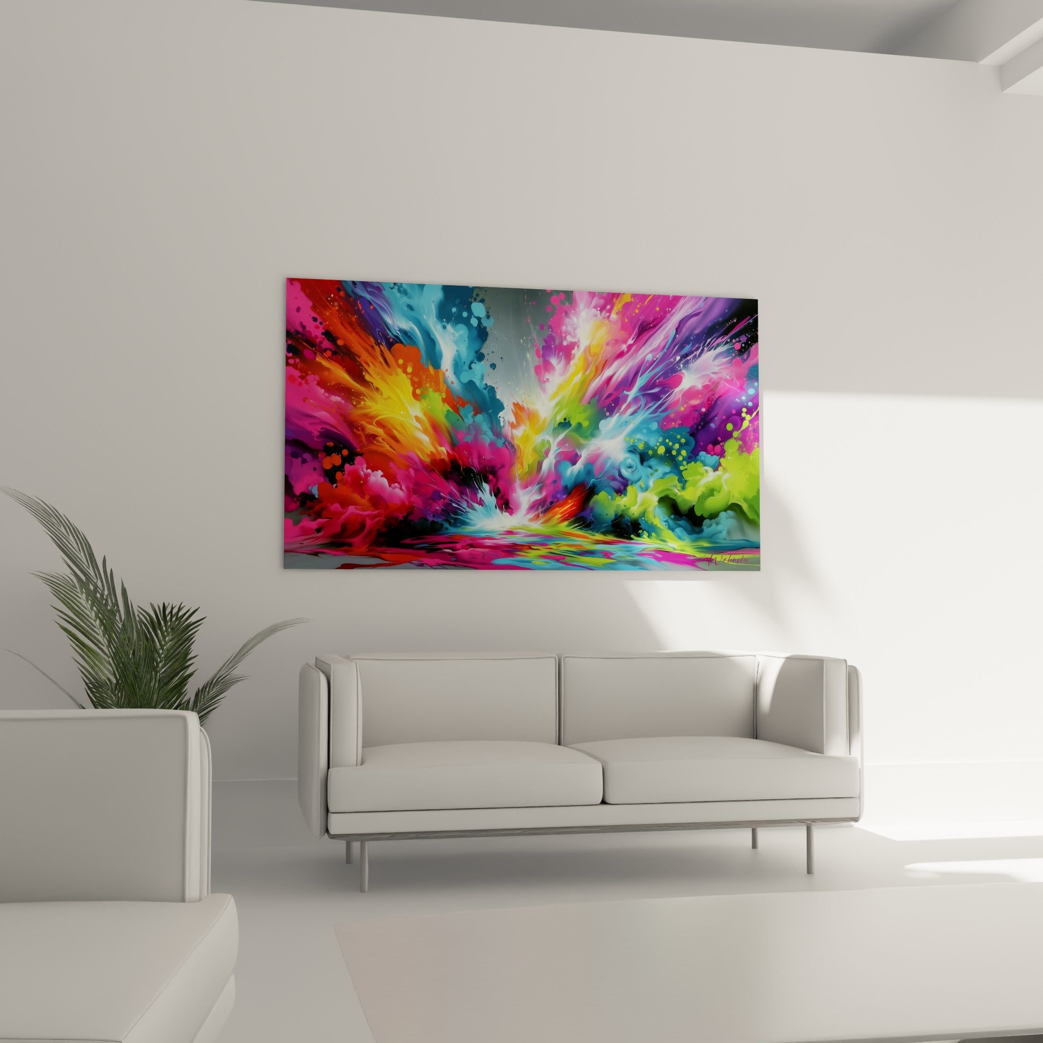 Vague de peinture fuchsia et turquoise en mouvement au-dessus d'un canapé dans un salon lumineux