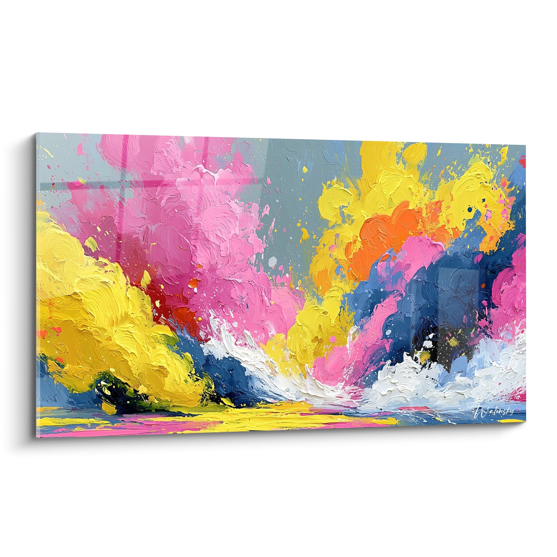 Vague picturale rose et jaune, empâtements épais, tableau multicolore abstrait aux touches d'orange et bleu marine