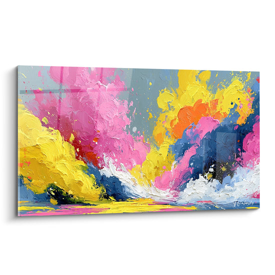 Vague picturale rose et jaune, empâtements épais, tableau multicolore abstrait aux touches d'orange et bleu marine