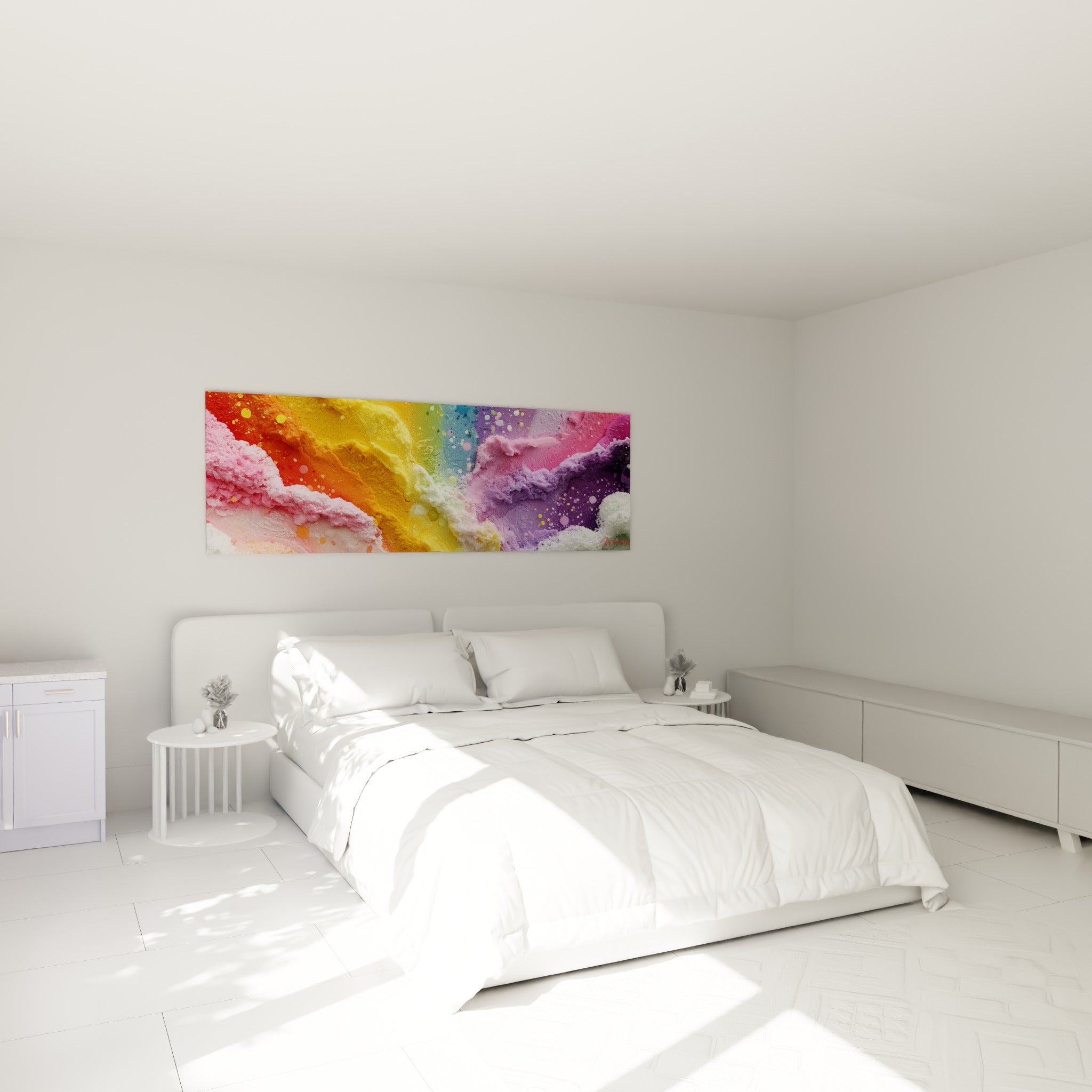 Vagues de crème rose et jaune fondante, tableau multicolore abstrait au-dessus d'un lit dans une chambre claire