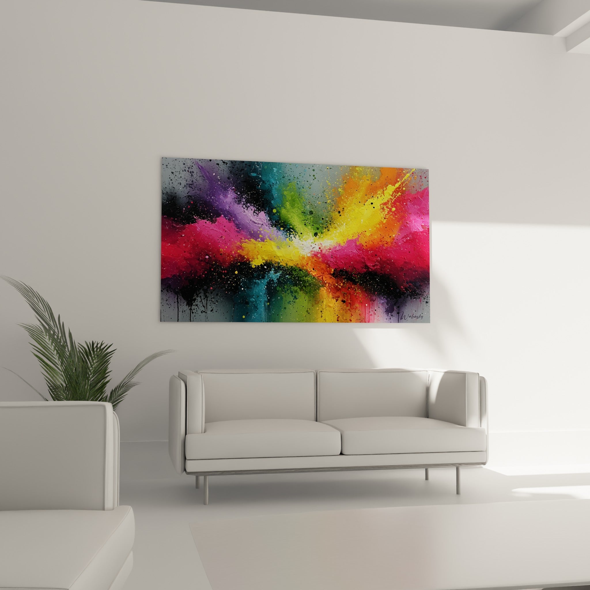 Vagues chromatiques orange et turquoise de ce tableau multicolore abstrait au-dessus d'un canapé dans un salon lumineux