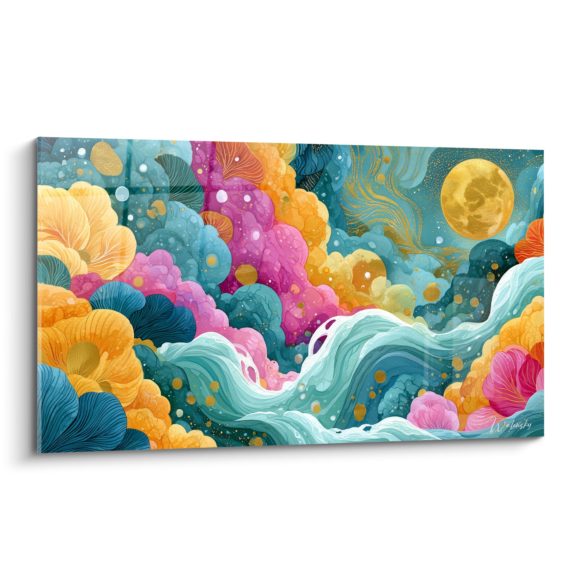 Vagues turquoise et corolles dorées sous une lune éclatante, tableau multicolore abstrait plein cadre