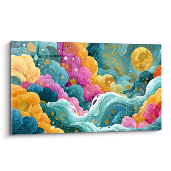 Vagues turquoise et corolles dorées sous une lune éclatante, tableau multicolore abstrait plein cadre