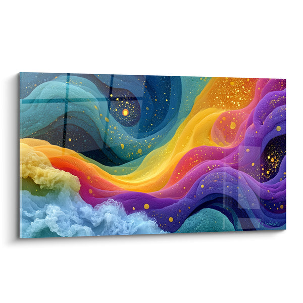 Tableau Vagues fluides bleu turquoise et violet doré - Marée céleste - Edition Multicolore abstrait