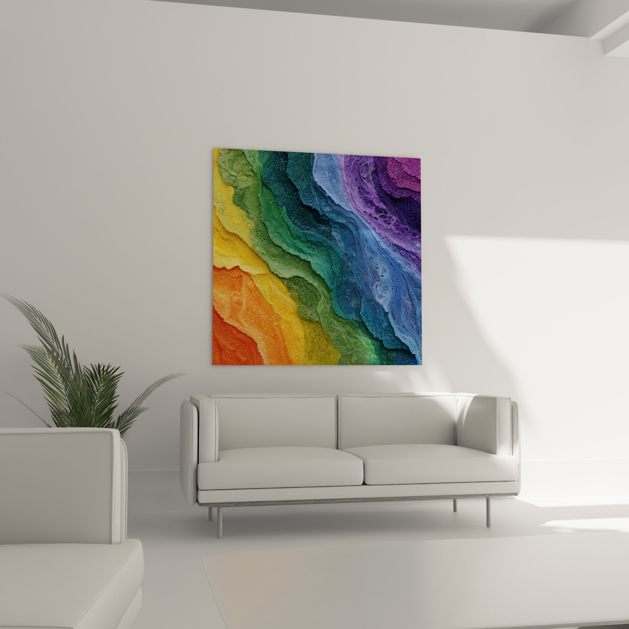 Vagues chromatiques vertes et bleutées au-dessus d'un canapé dans un salon lumineux