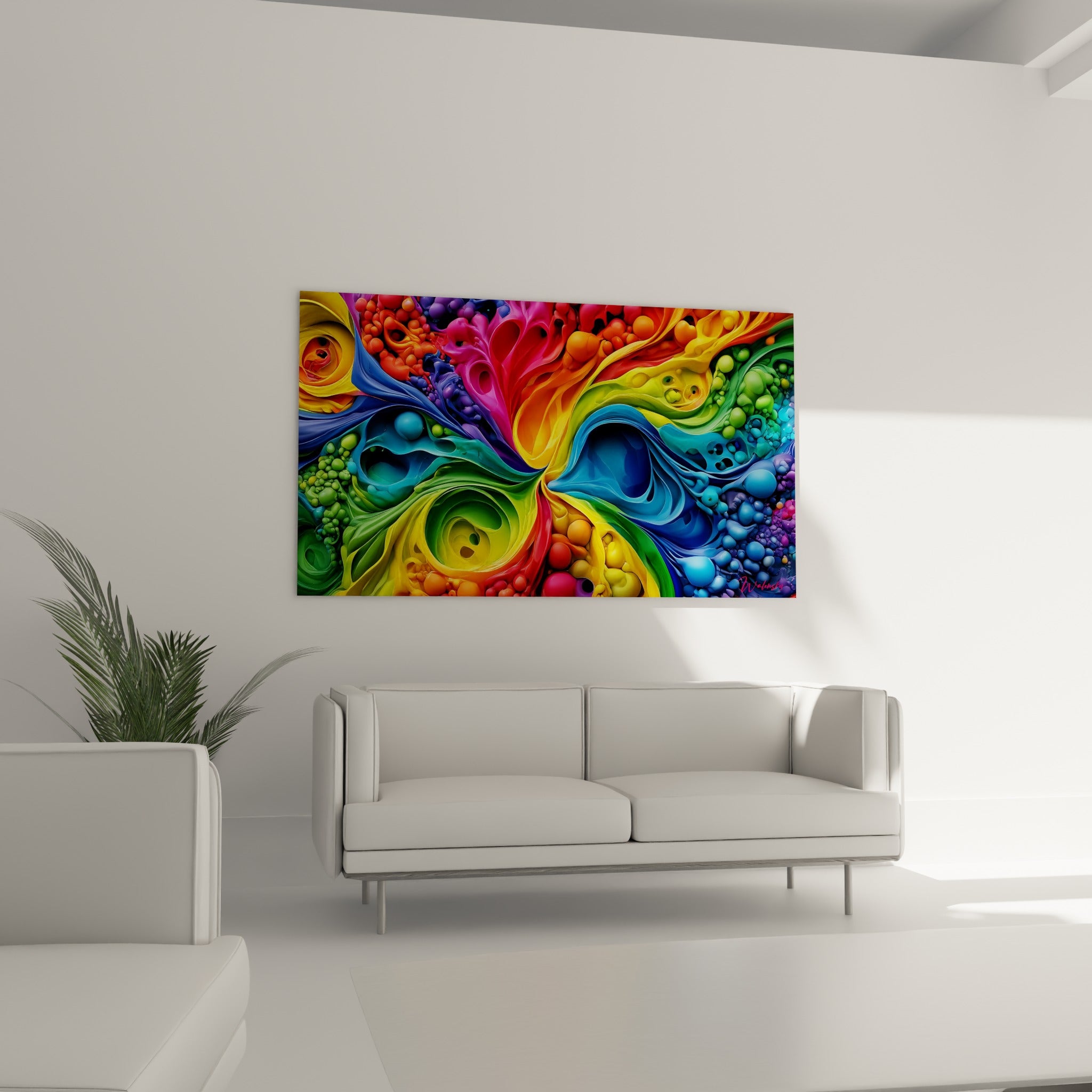 Vagues fluides vertes et oranges du tableau Multicolore abstrait au-dessus d'un canapé dans un salon lumineux