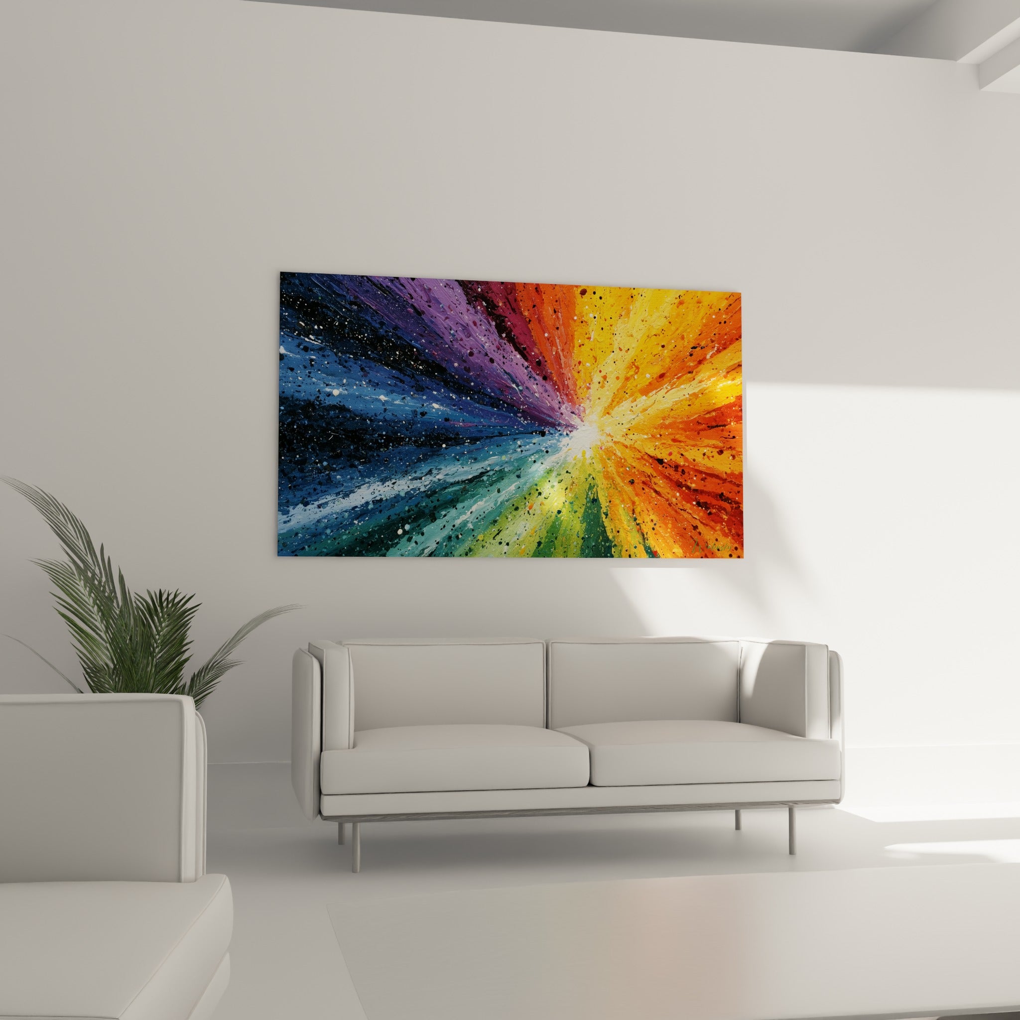 Éclaboussures multicolore abstrait orange vif et vert émeraude au-dessus d'un canapé dans un salon lumineux