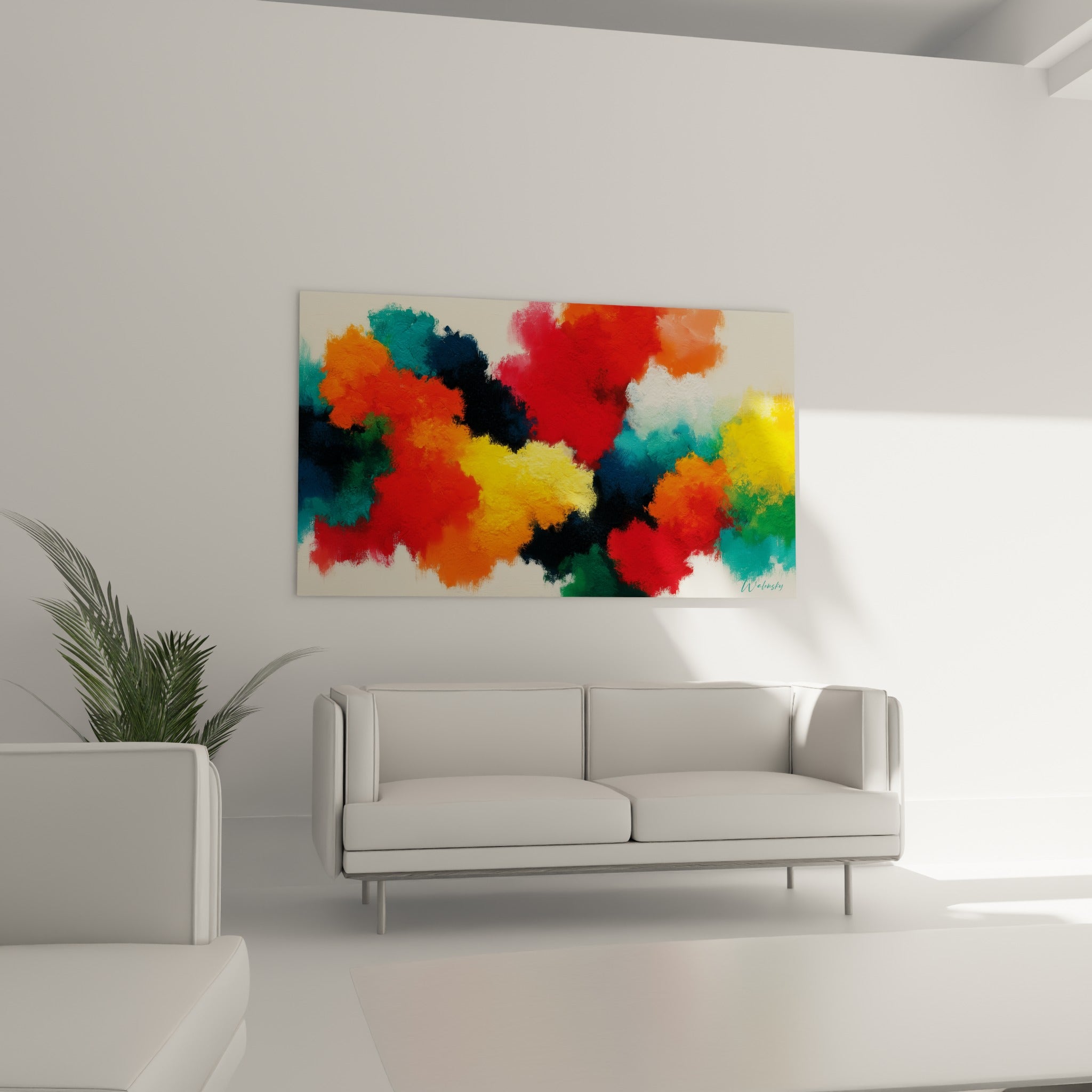 Touches d'orange et de vert émeraude se mêlant en tourbillon, au-dessus d'un canapé dans un salon lumineux