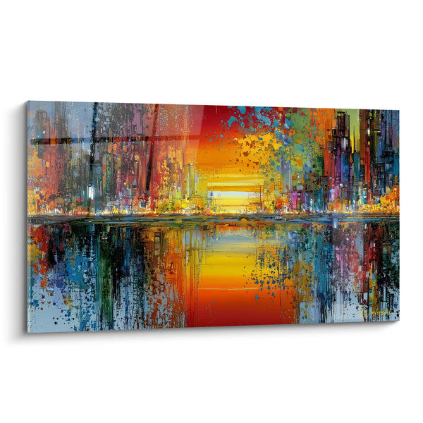 Tableau Ville reflet doré et bleu sur eau - Embrasement du soir - Edition Multicolore abstrait