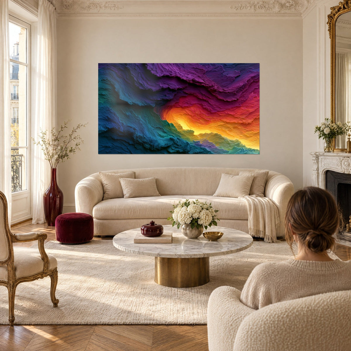 Tableau strates violettes jusqu'au cœur orange et jaune, turquoise à gauche, au-dessus d'un canapé dans un salon lumineux