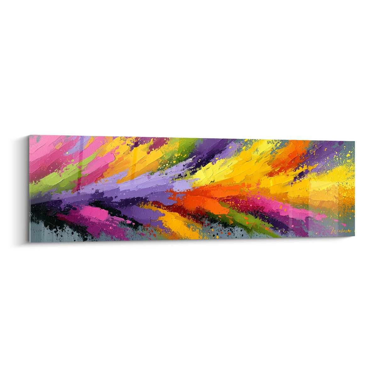 Toile abstraite aux touches violettes et jaunes, éclats orange et roses en mouvement diagonal