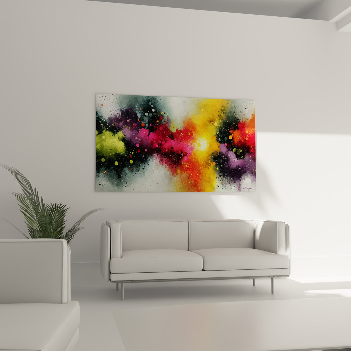 Composition multicolore abstrait violette et jaune suspendue au-dessus d'un canapé dans un salon lumineux