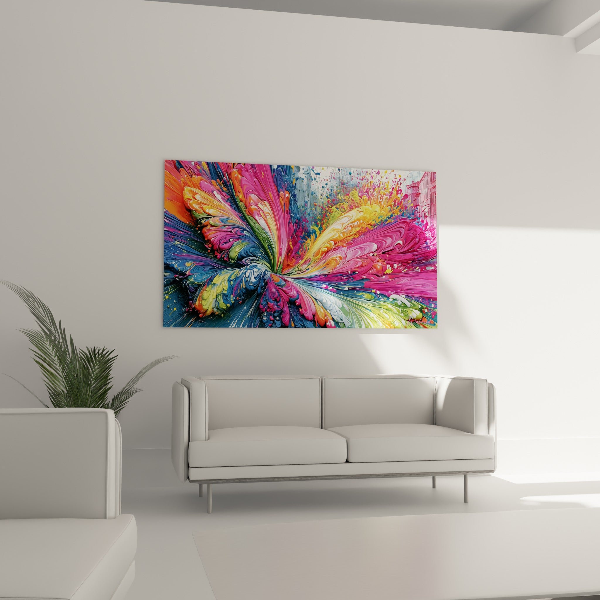 Volutes de peinture jaune et rose du tableau Multicolore abstrait au-dessus d'un canapé dans un salon lumineux